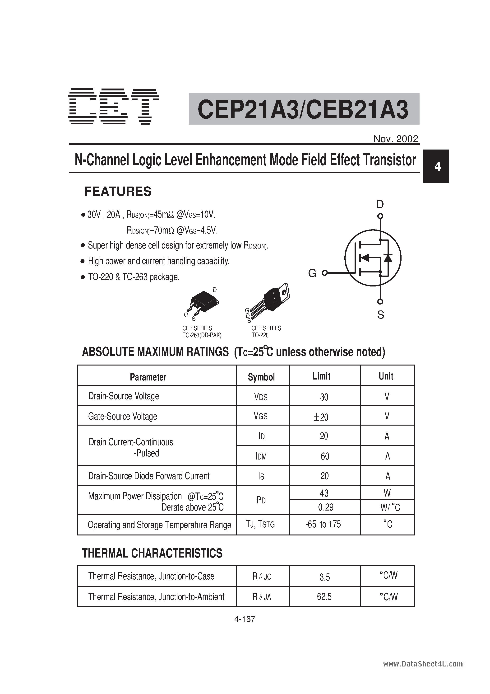 Datasheet CEP21A3 - N-Channel Logic Level Enhancement Mode Field Effect Transistor page 1