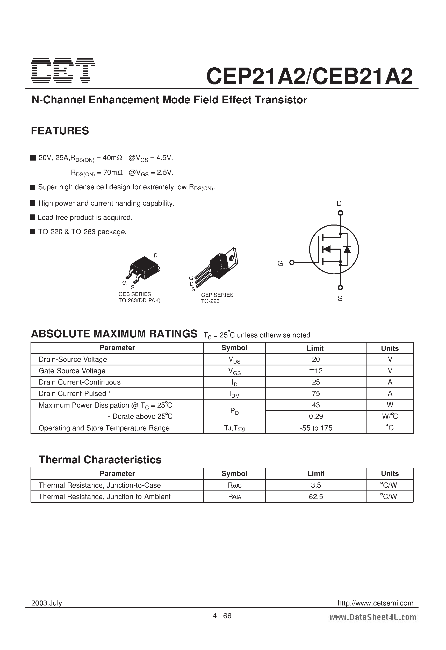 Datasheet CEP21A2 - N-Channel Enhancement Mode Field Effect Transistor page 1