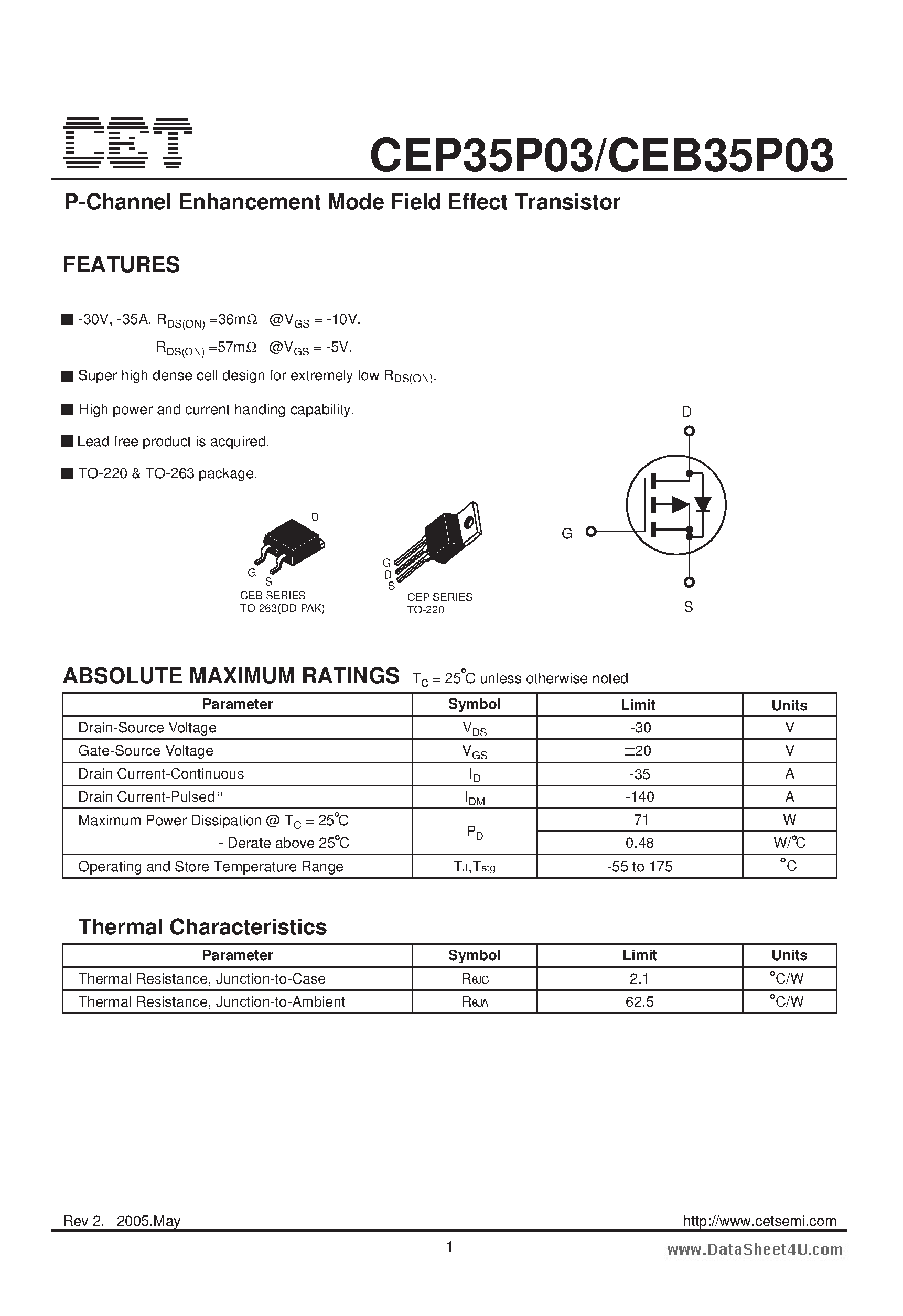 Datasheet CEB35P03 - P-Channel Enhancement Mode Field Effect Transistor page 1
