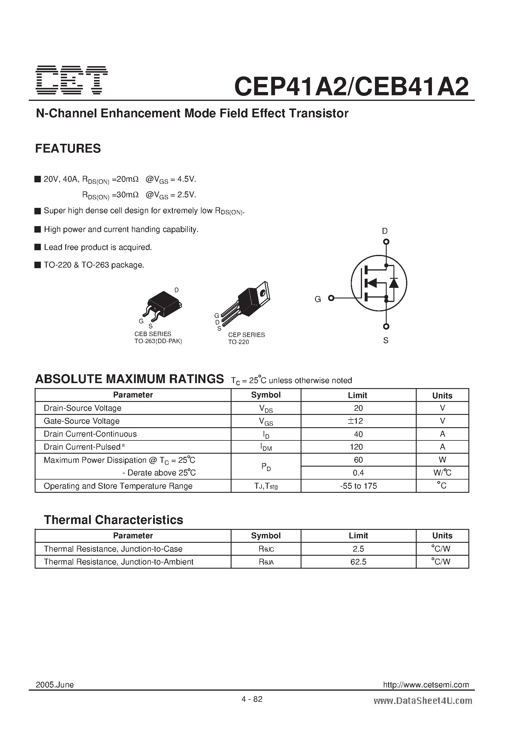 Datasheet CEP41A2 - N-Channel Enhancement Mode Field Effect Transistor page 1