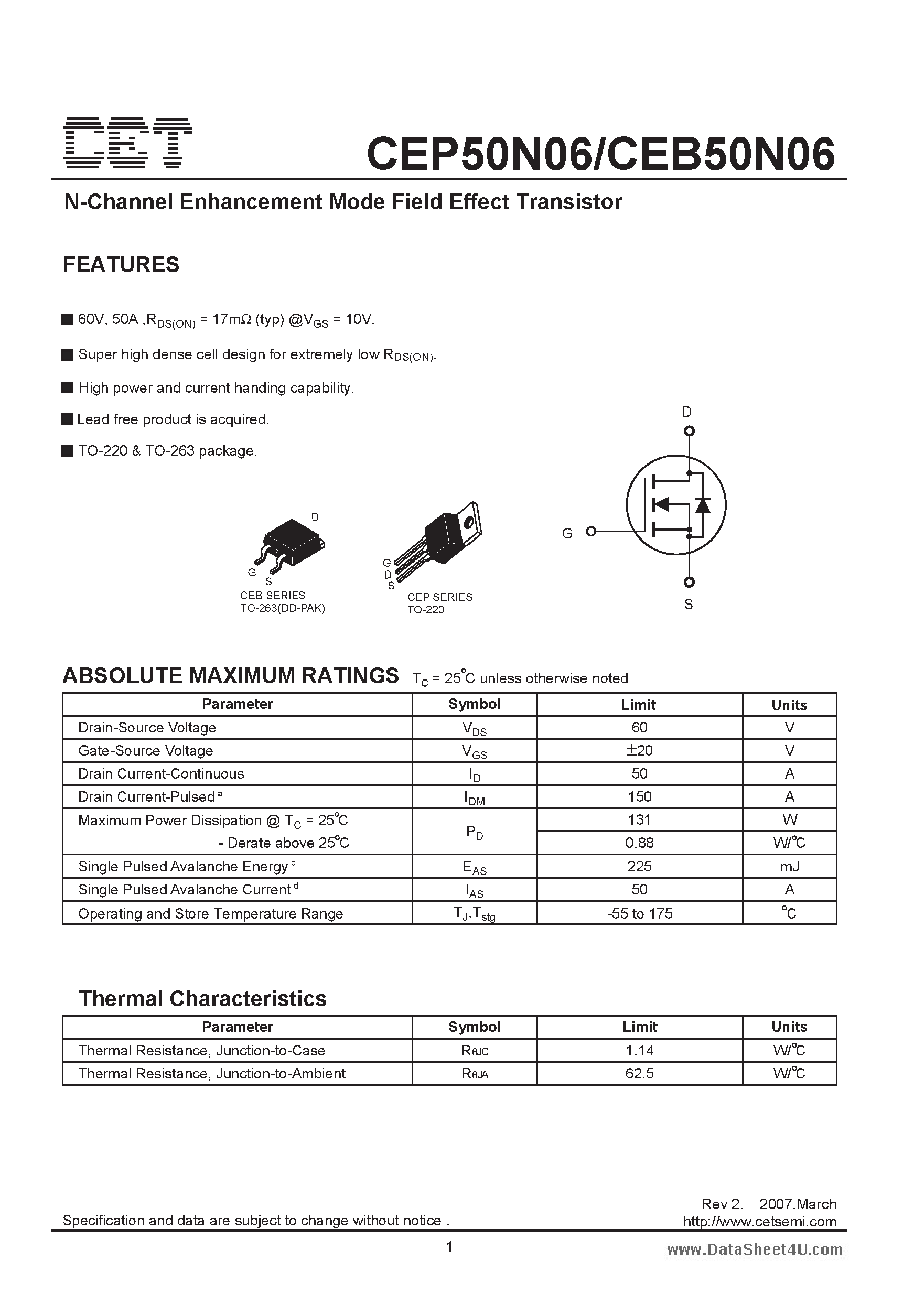 Datasheet CEB50N06 - N-Channel Enhancement Mode Field Effect Transistor page 1