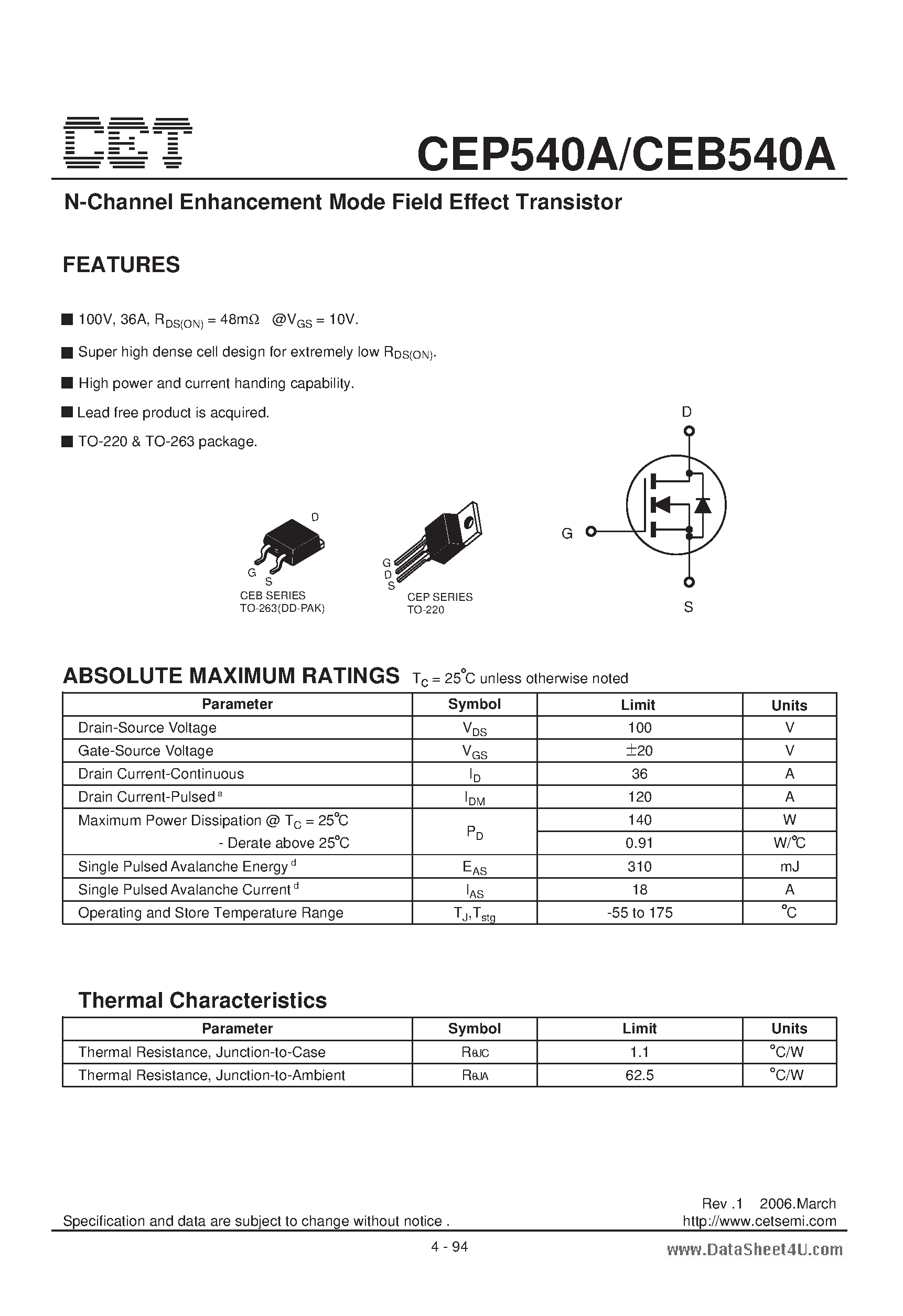 Datasheet CEB540A - N-Channel Enhancement Mode Field Effect Transistor page 1