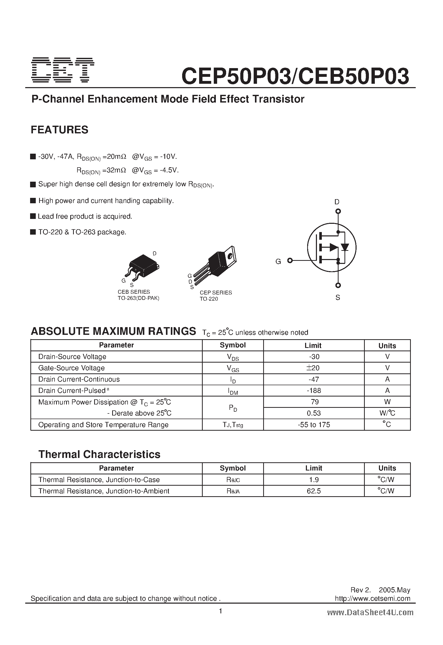 Datasheet CEB50P03 - P-Channel Enhancement Mode Field Effect Transistor page 1