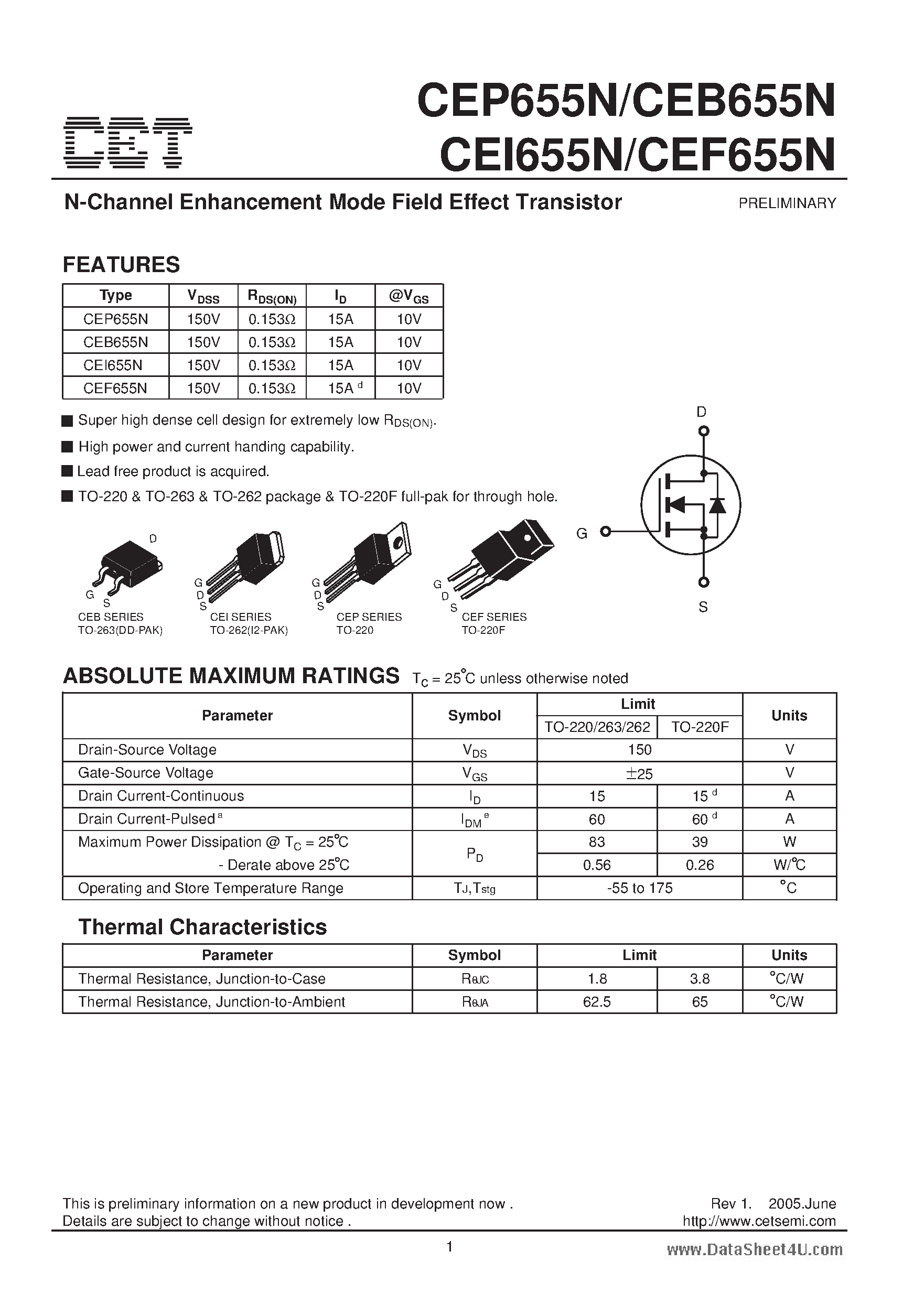 Datasheet CEP655N - N-Channel Enhancement Mode Field Effect Transistor page 1