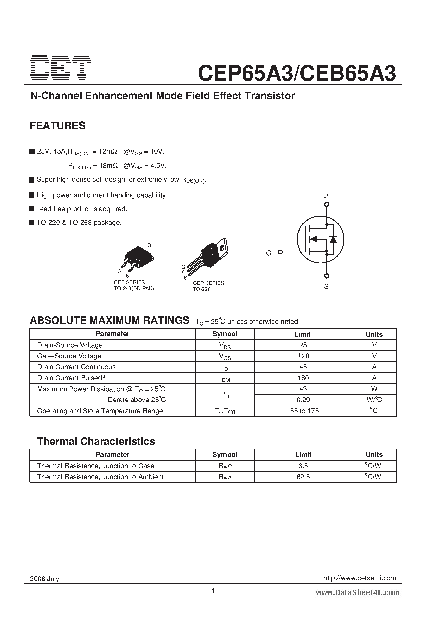 Datasheet CEP65A3 - N-Channel Enhancement Mode Field Effect Transistor page 1