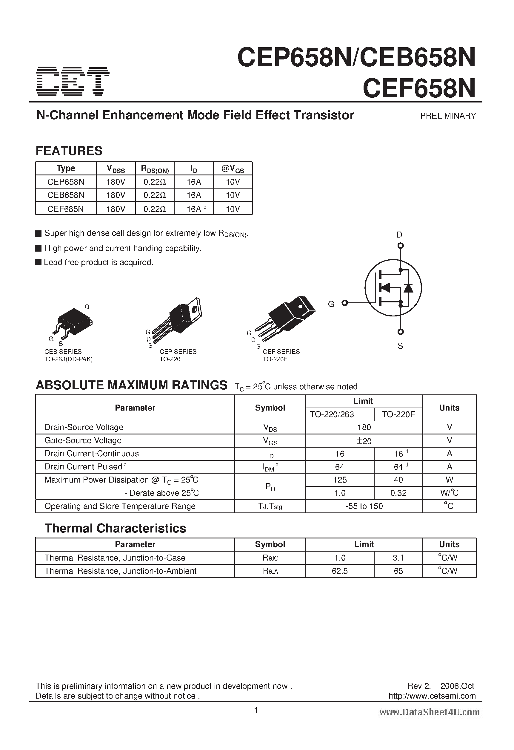 Datasheet CEP658N - N-Channel Enhancement Mode Field Effect Transistor page 1