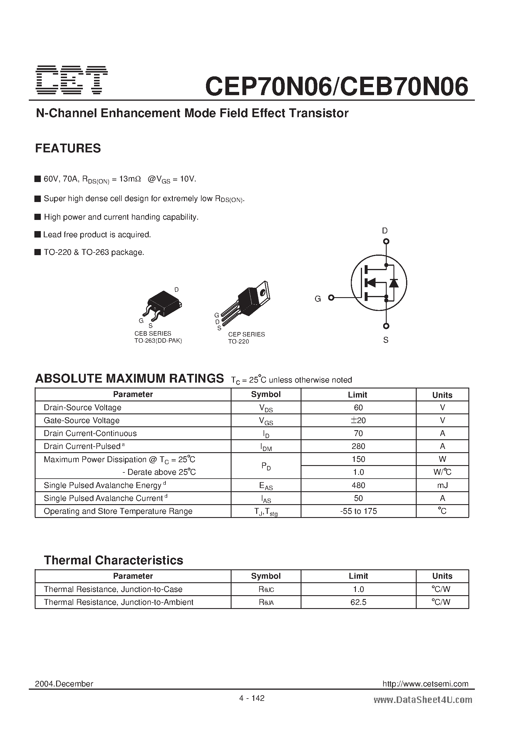 Datasheet CEB70N06 - N-Channel Enhancement Mode Field Effect Transistor page 1