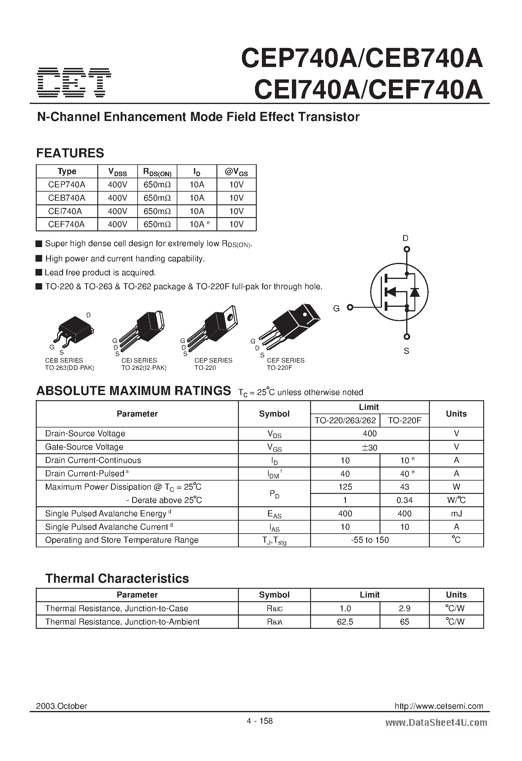 Datasheet CEI740A - N-Channel Enhancement Mode Field Effect Transistor page 1