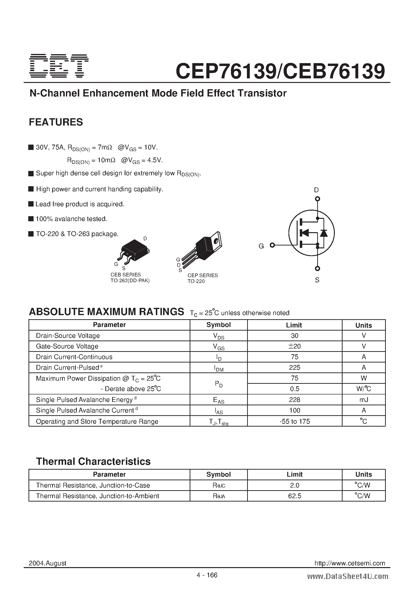 Datasheet CEB76139 - N-Channel Enhancement Mode Field Effect Transistor page 1