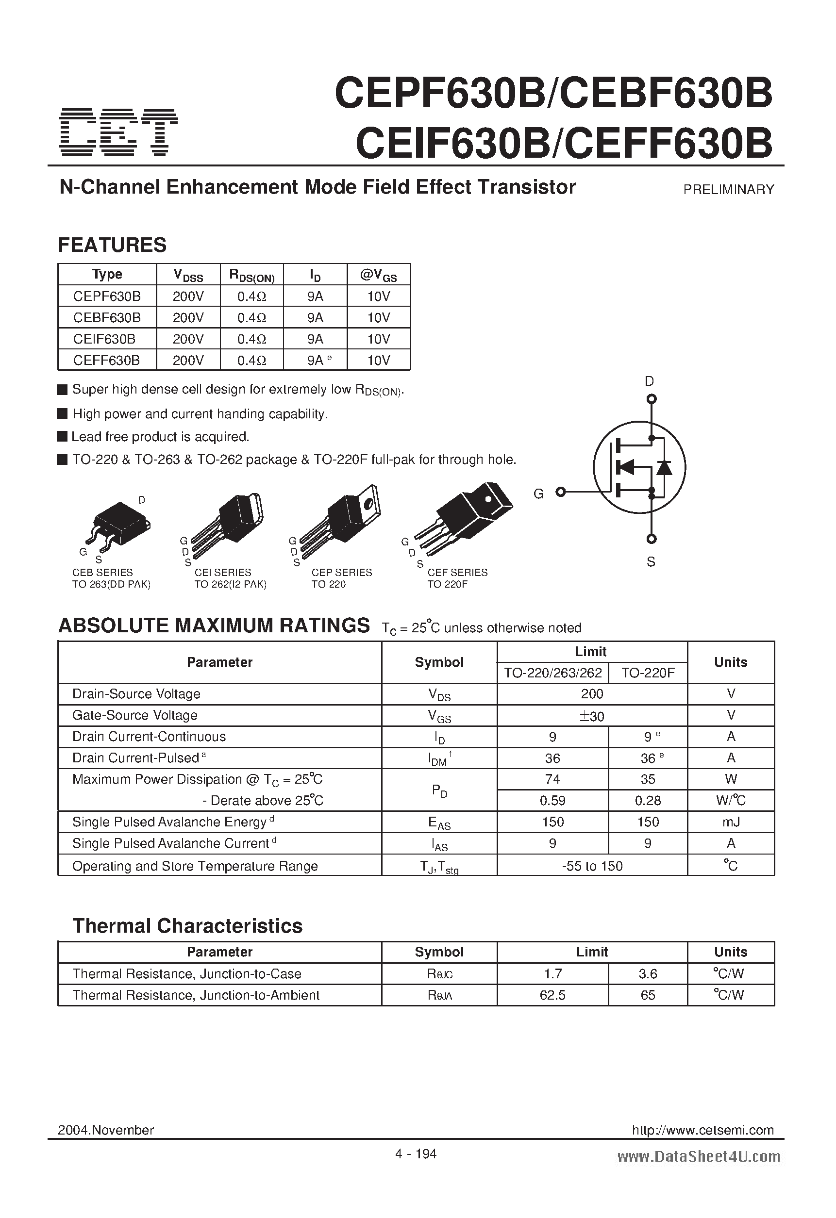 Datasheet CEPF630B - N-Channel Enhancement Mode Field Effect Transistor page 1