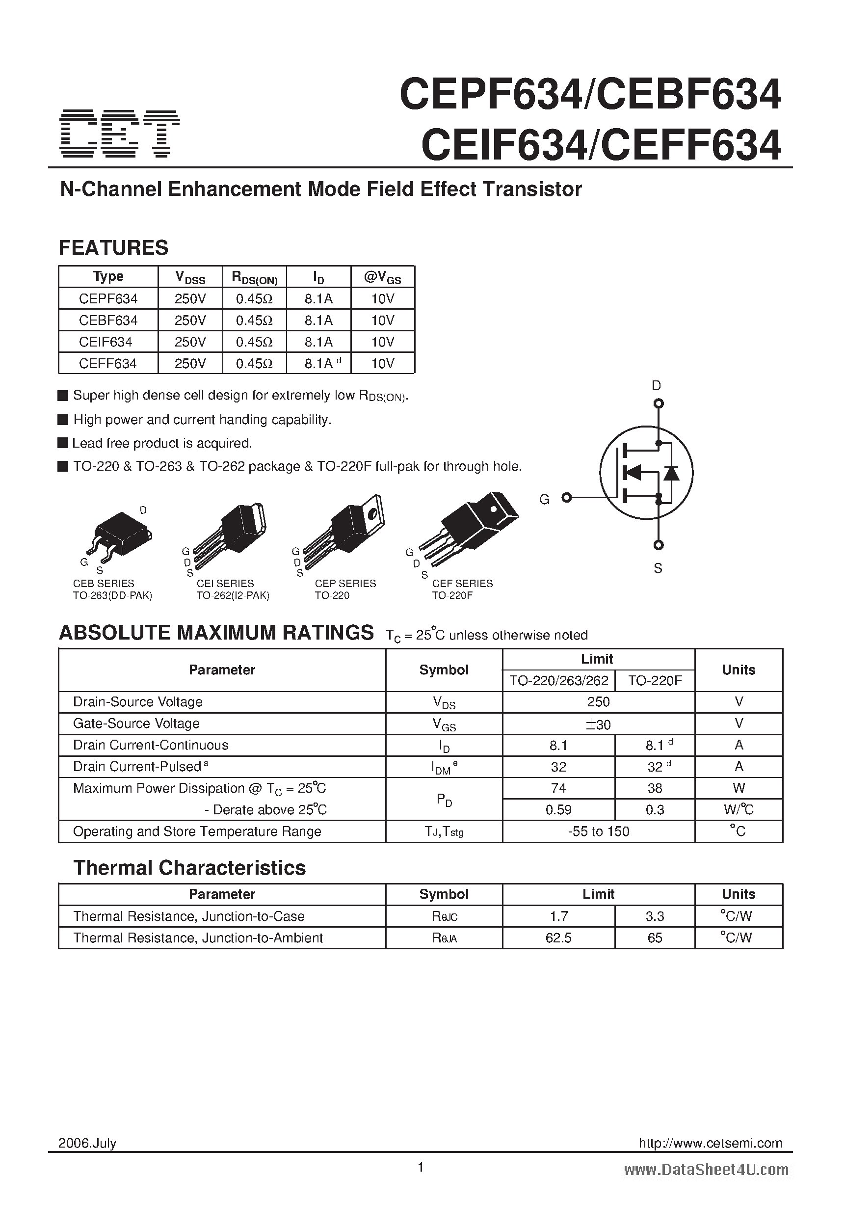Datasheet CEPF634 - N-Channel Enhancement Mode Field Effect Transistor page 1