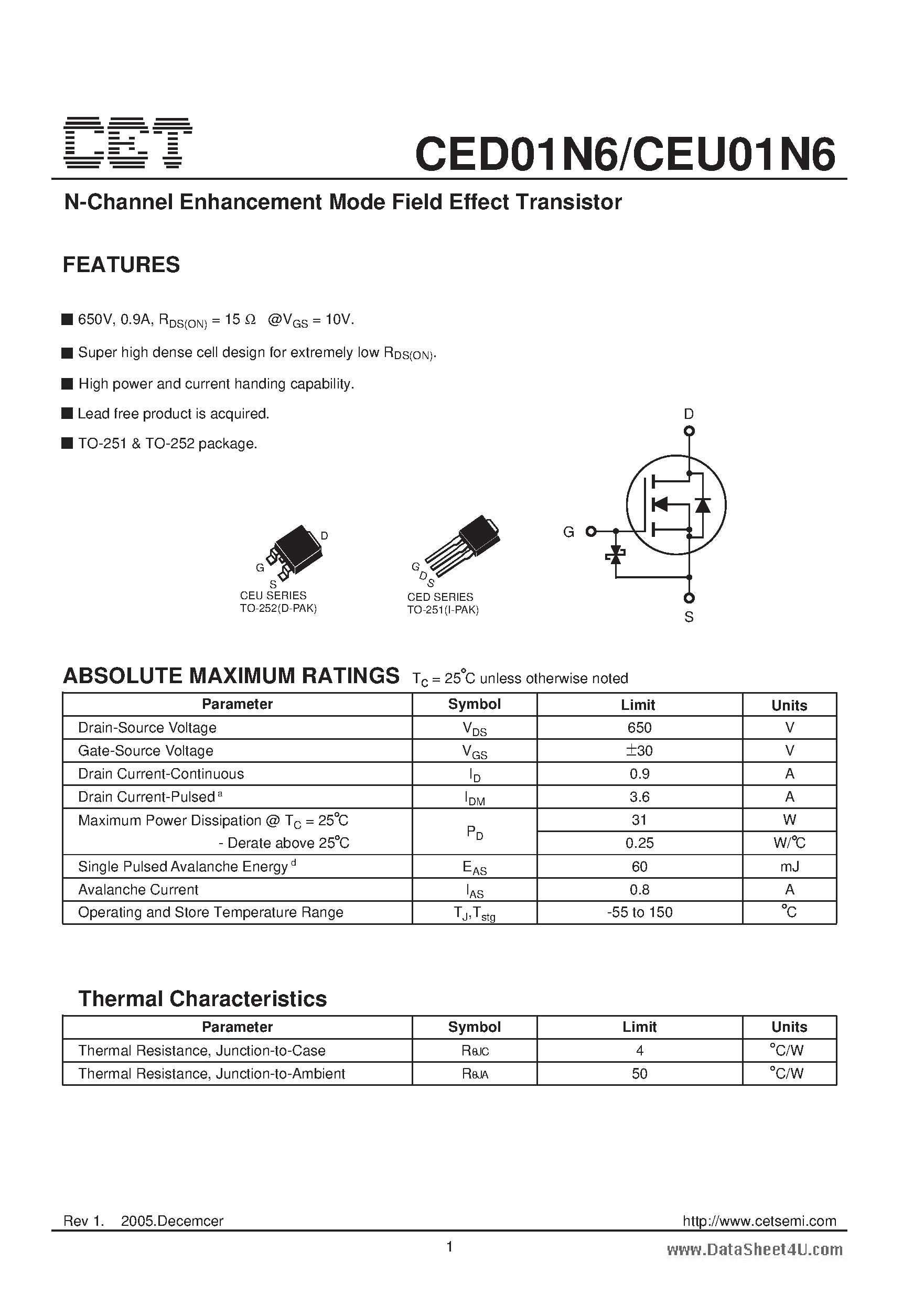 Datasheet CEU01N6 - N-Channel Enhancement Mode Field Effect Transistor page 1