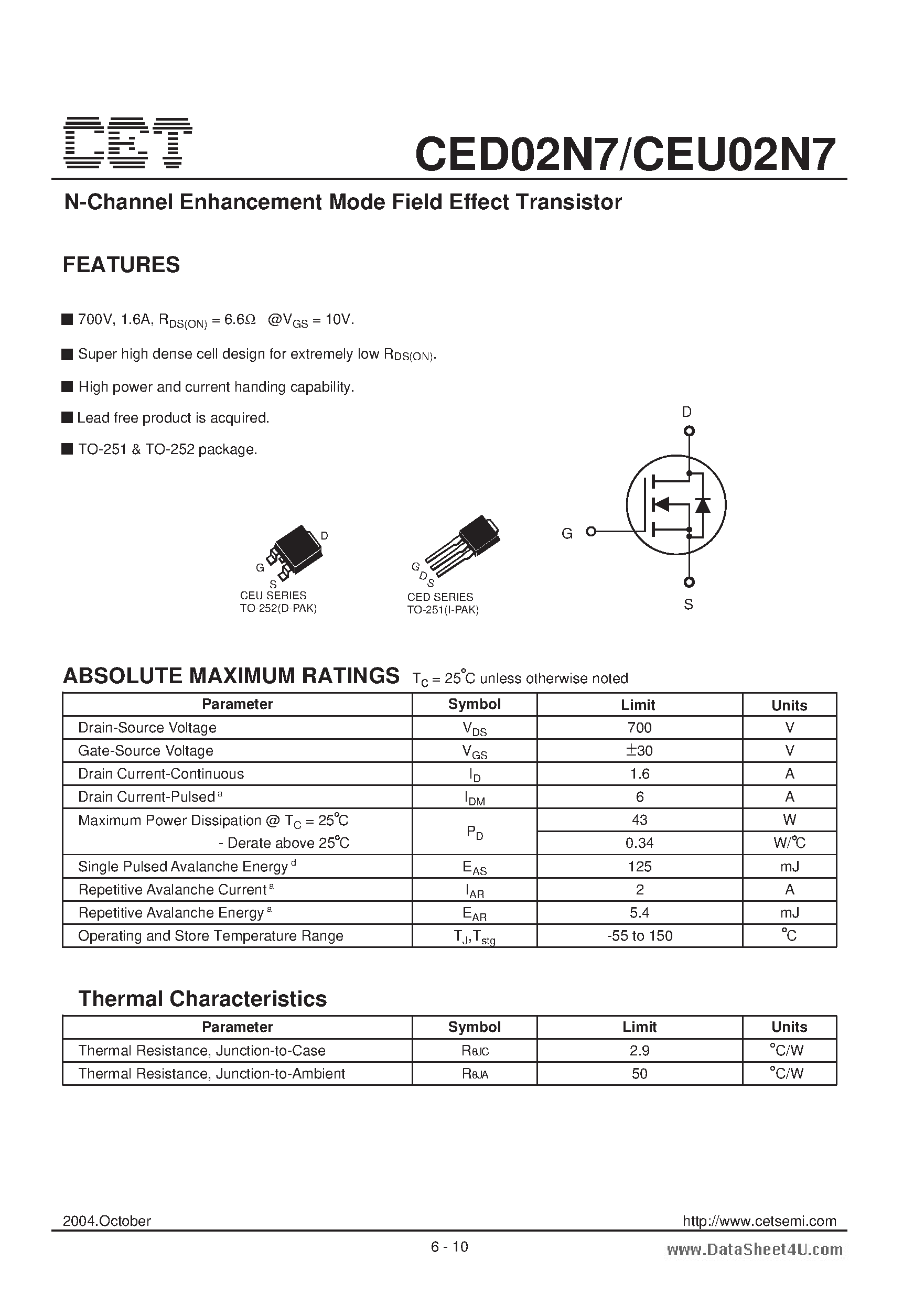 Datasheet CEU02N7 - N-Channel Enhancement Mode Field Effect Transistor page 1