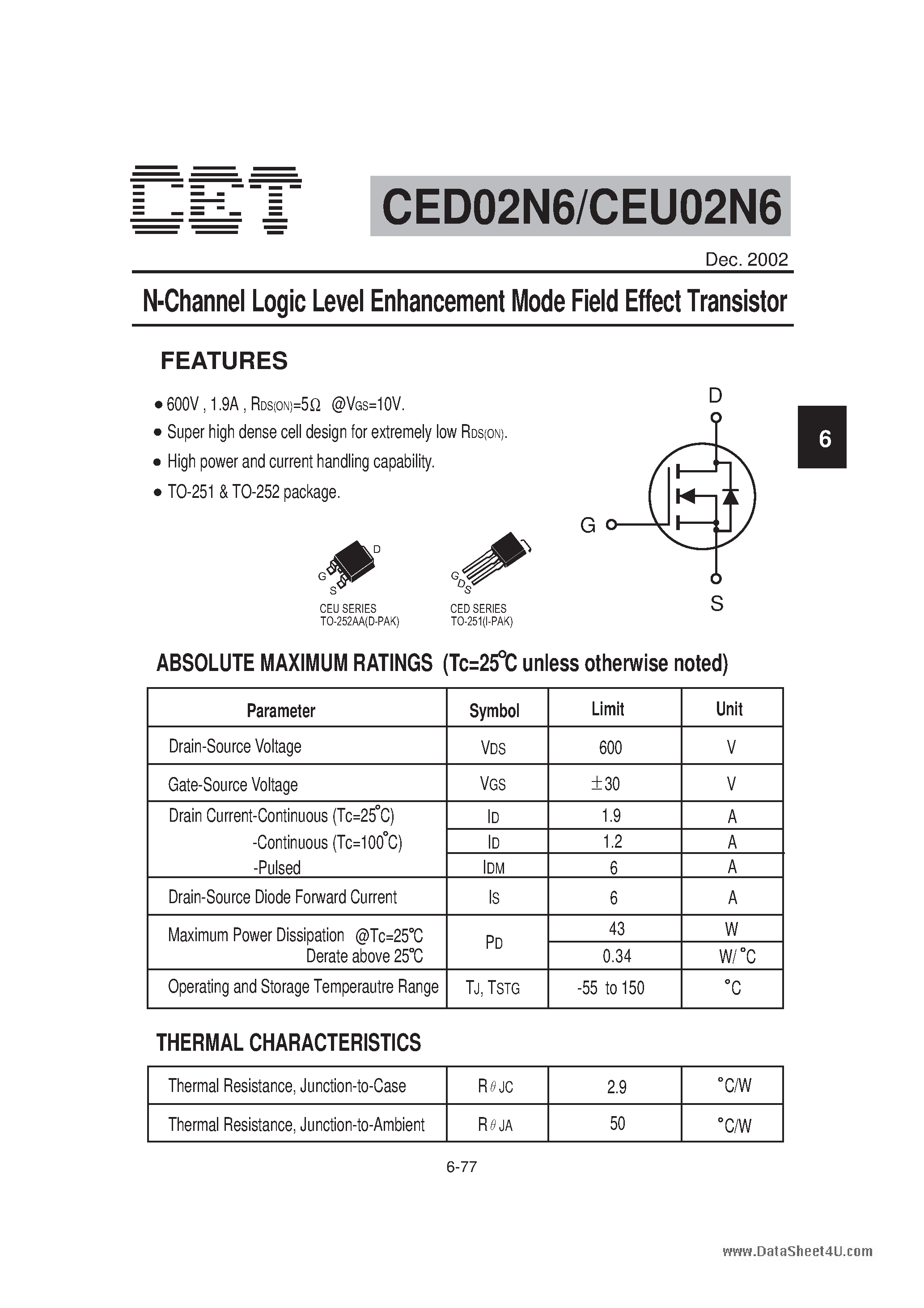 Datasheet CEU02N6 - N-Channel Logic Level Enhancement Mode Field Effect Transistor page 1