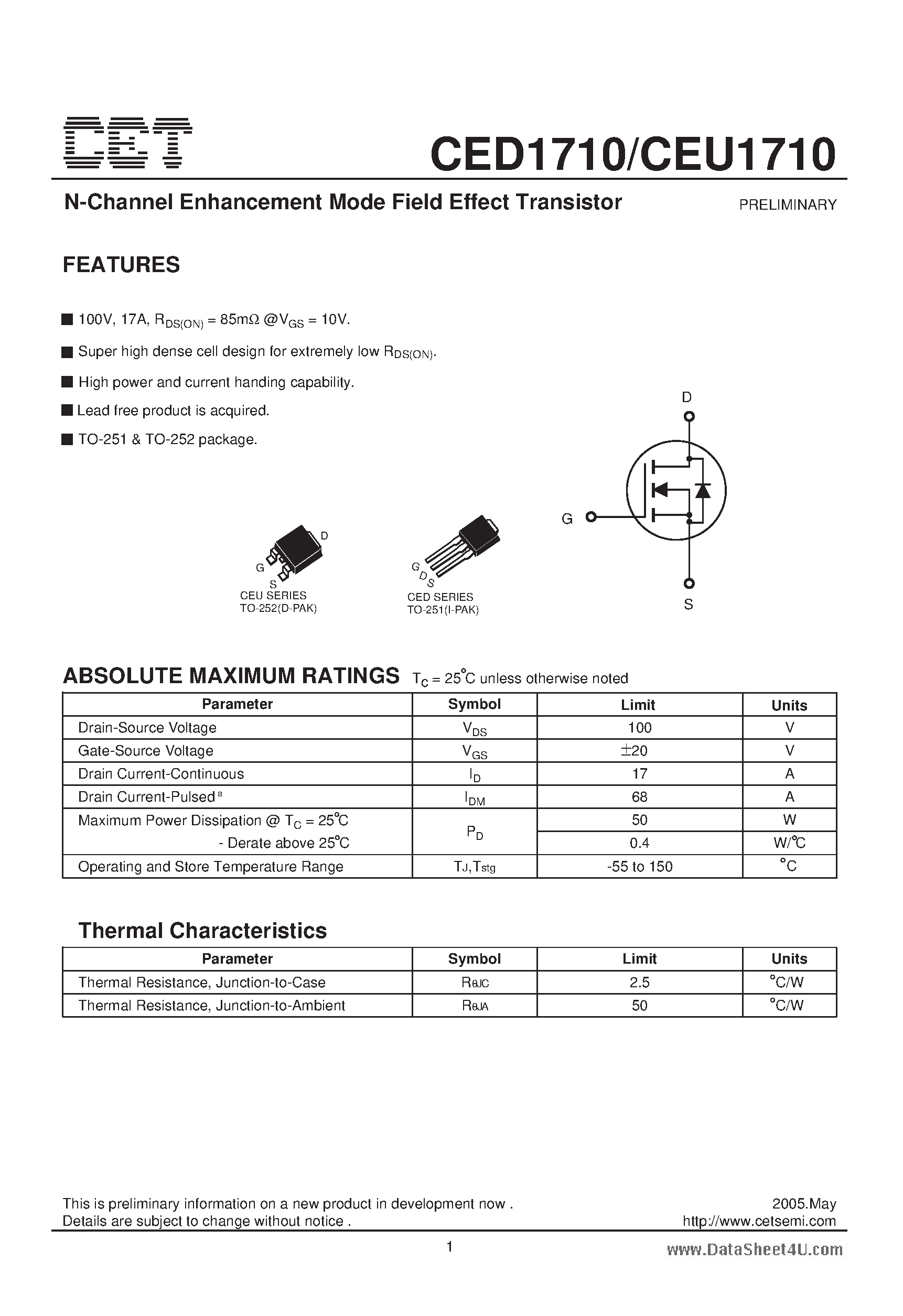 Datasheet CEU1710 - N-Channel Enhancement Mode Field Effect Transistor page 1
