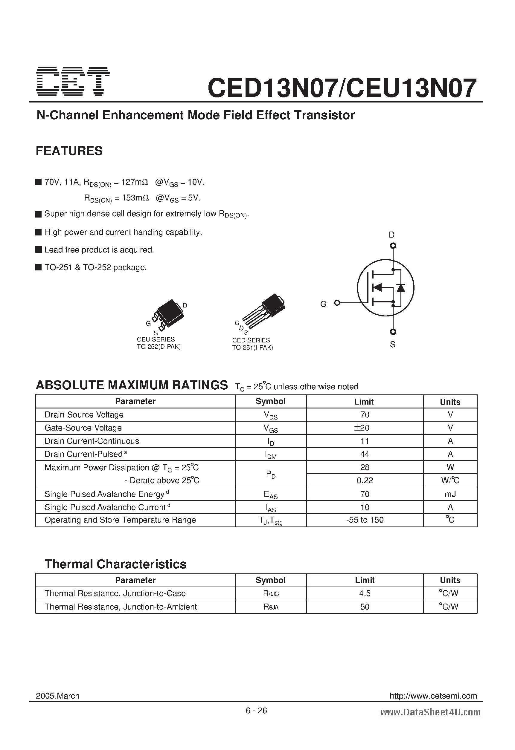 Datasheet CED13N07 - N-Channel Enhancement Mode Field Effect Transistor page 1
