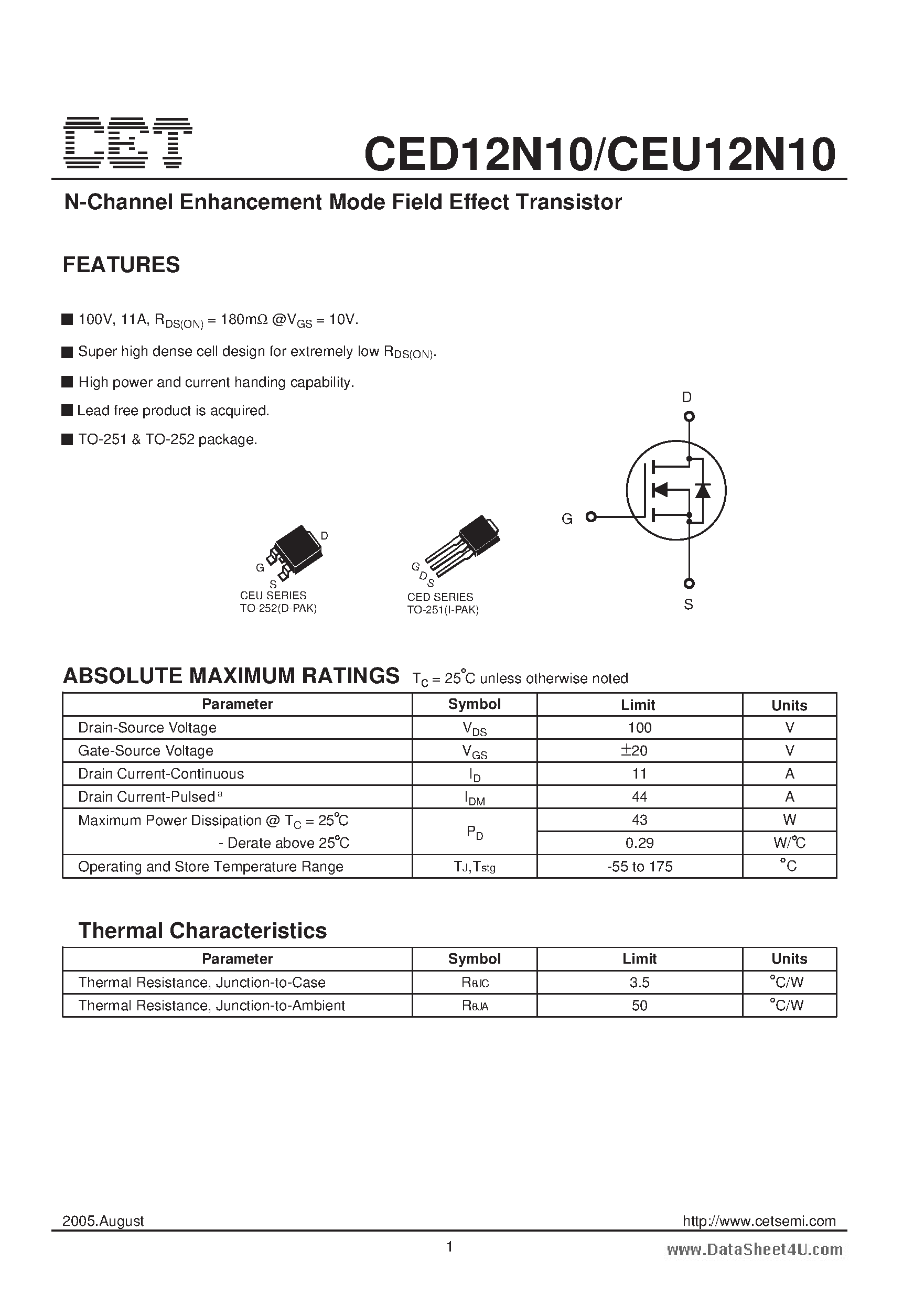 Datasheet CEU12N10 - N-Channel Enhancement Mode Field Effect Transistor page 1