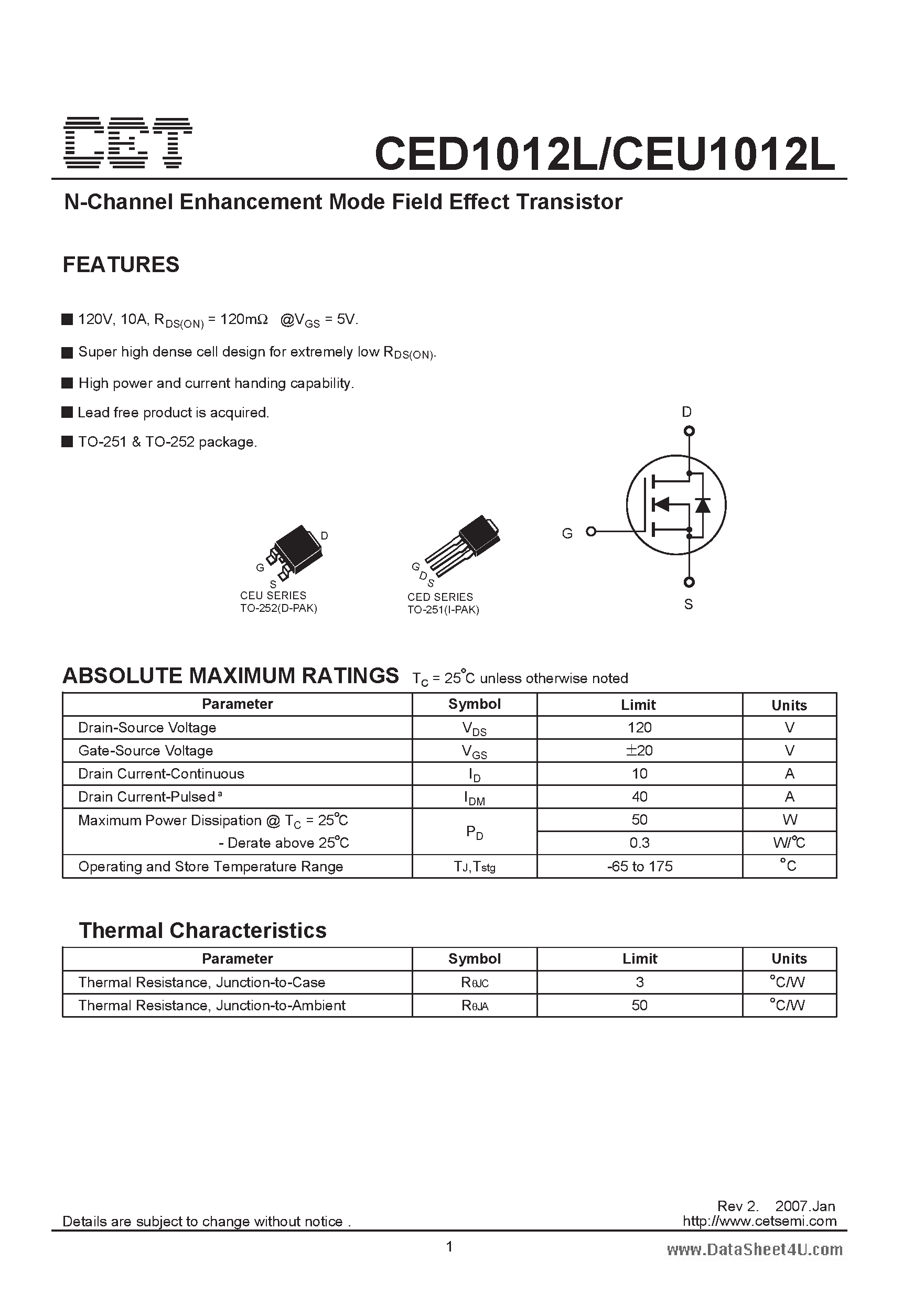 Datasheet CEU1012L - N-Channel Enhancement Mode Field Effect Transistor page 1