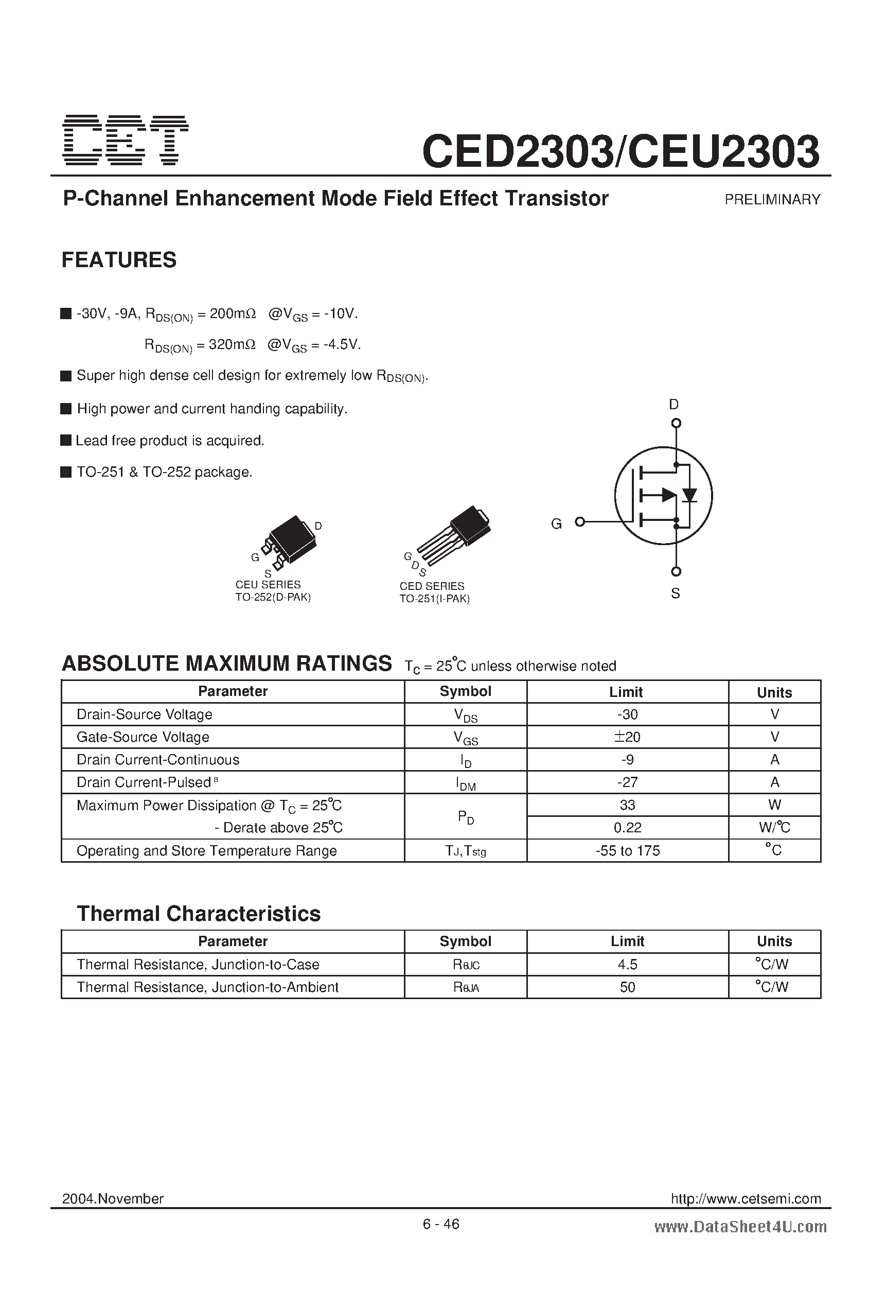 Datasheet CEU2303 - P-Channel Enhancement Mode Field Effect Transistor page 1