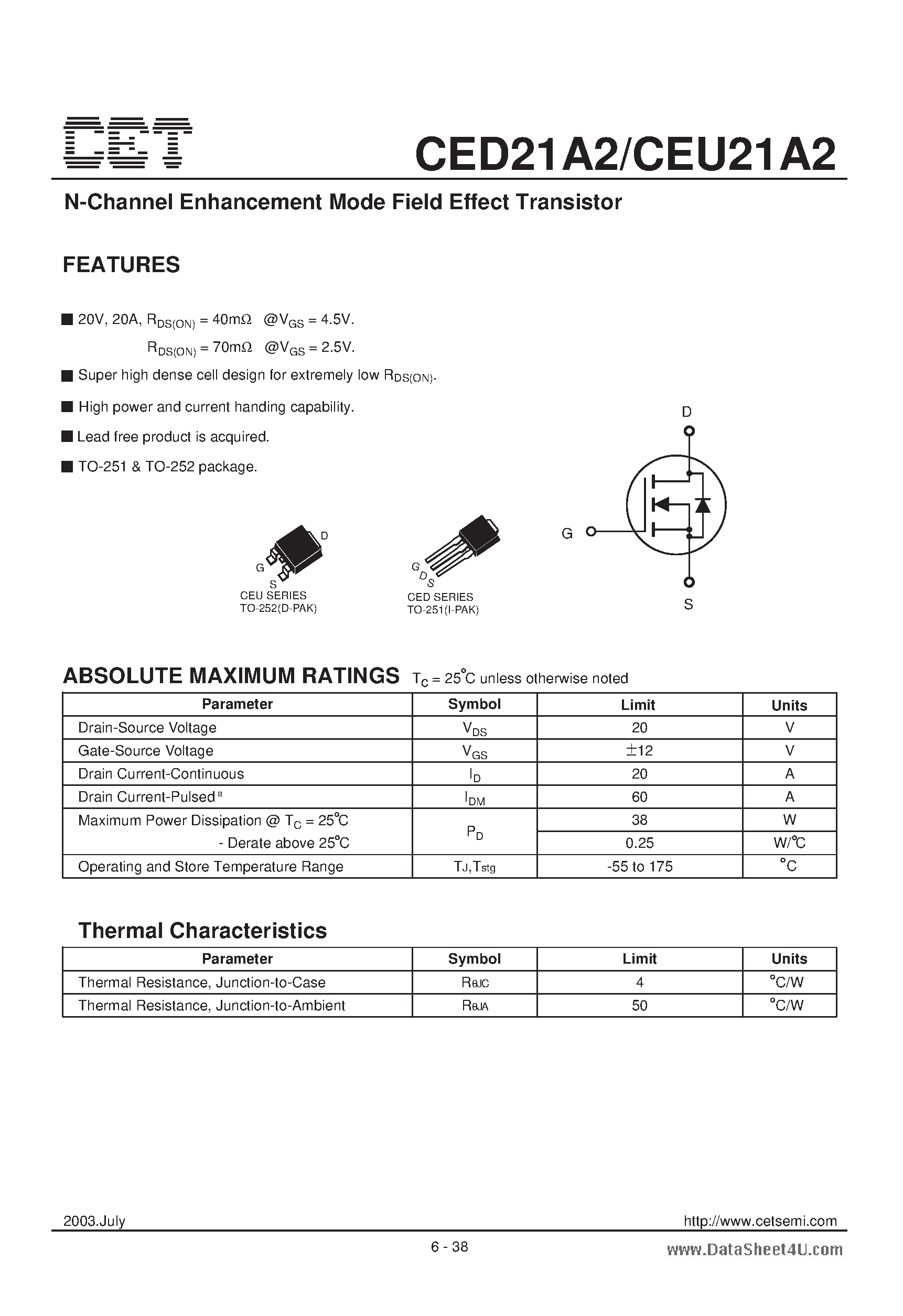 Datasheet CEU21A2 - N-Channel Enhancement Mode Field Effect Transistor page 1
