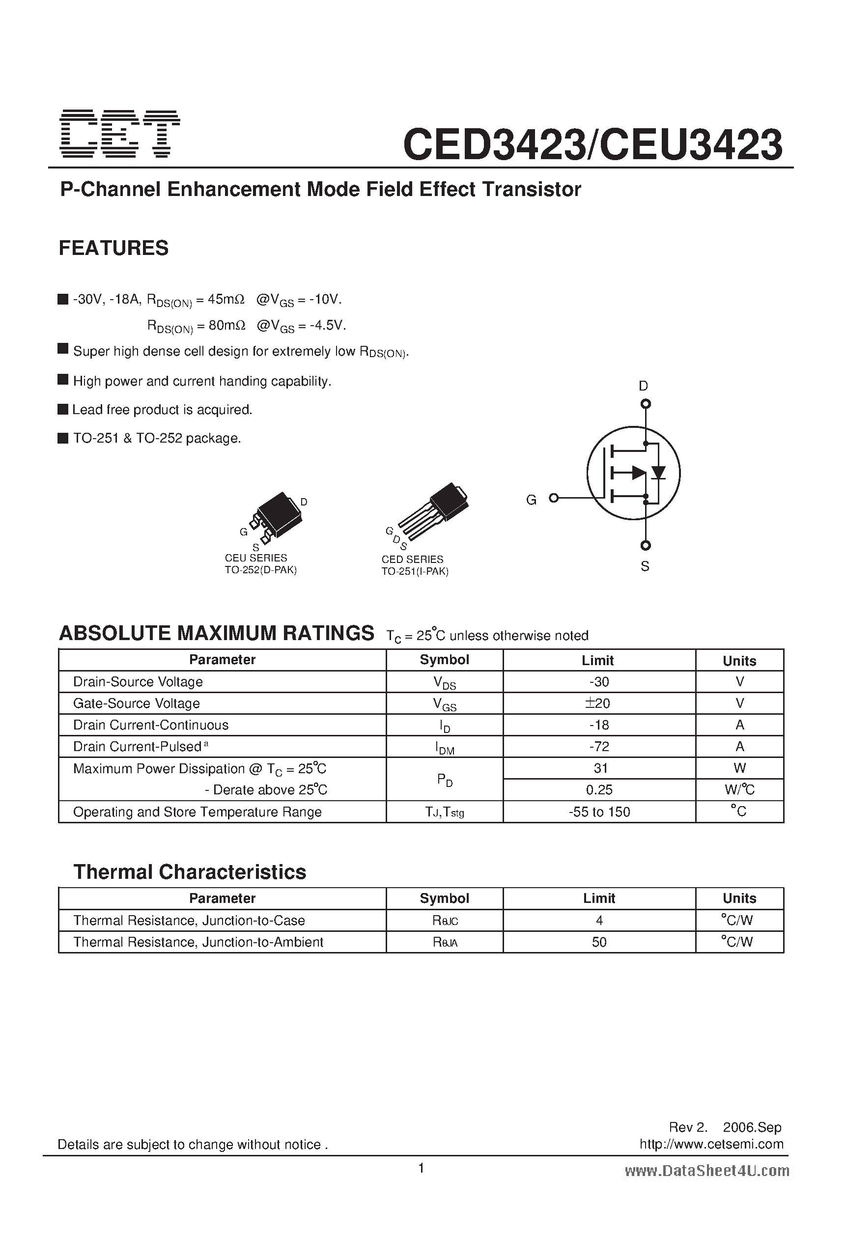 Datasheet CEU3423 - P-Channel Enhancement Mode Field Effect Transistor page 1