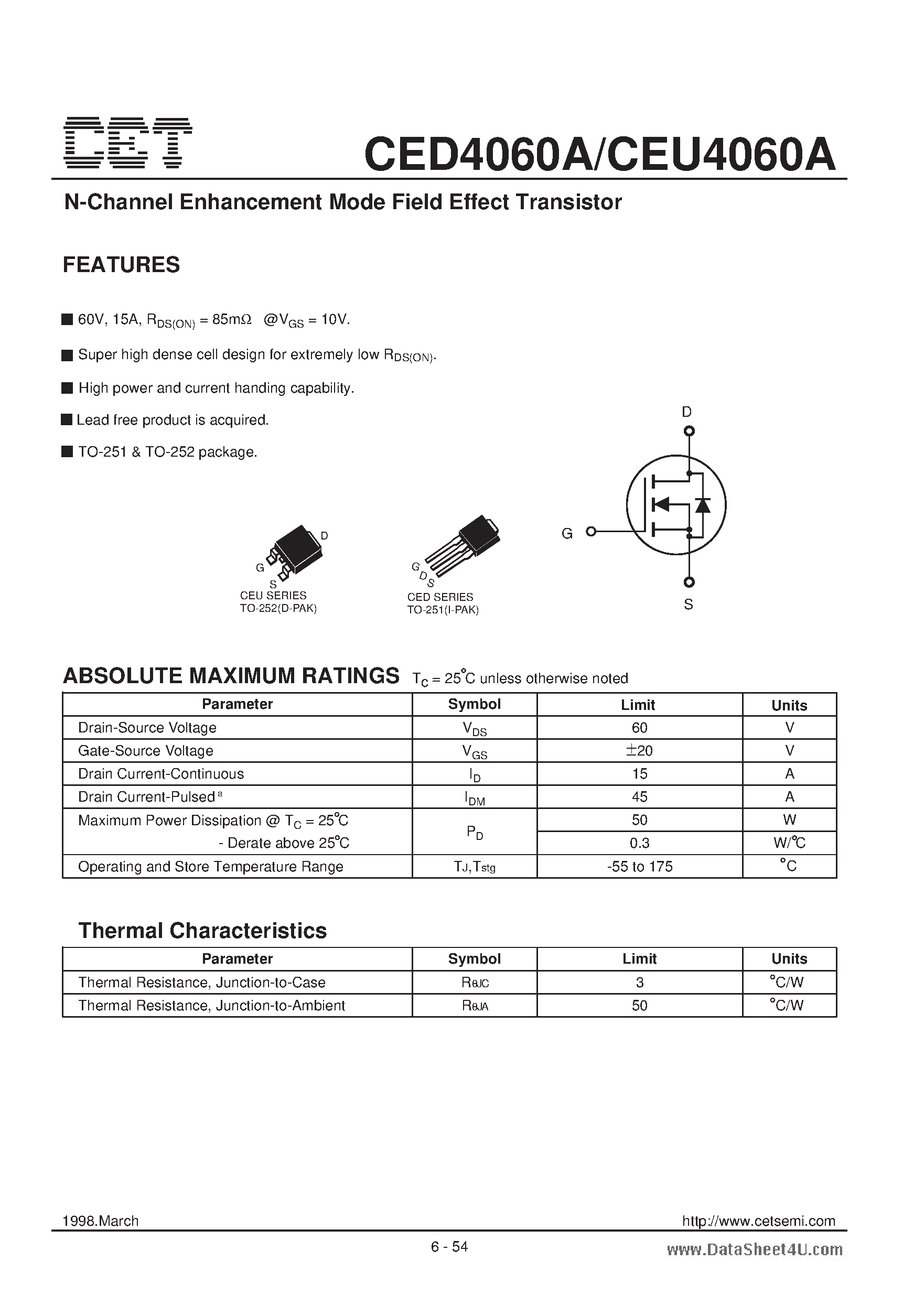 Datasheet CEU4060A - N-Channel Enhancement Mode Field Effect Transistor page 1