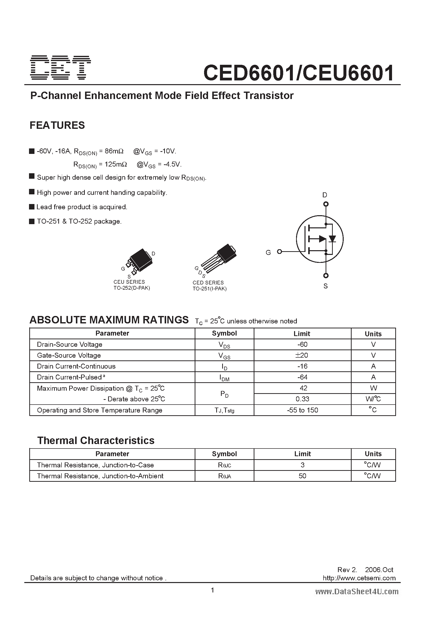 Datasheet CED6601 - P-Channel Enhancement Mode Field Effect Transistor page 1