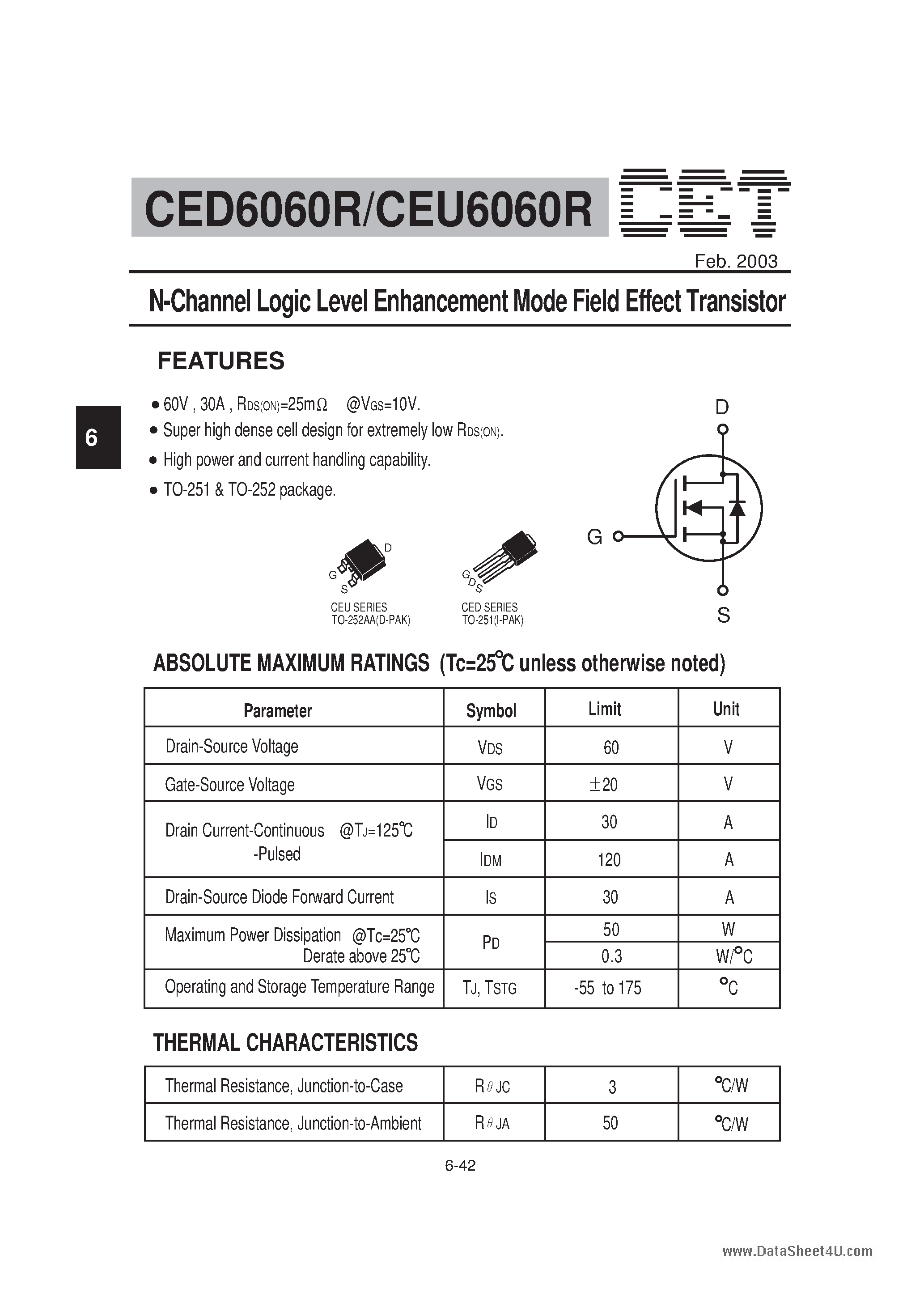 Datasheet CED6060R - N-Channel Logic Level Enhancement Mode Field Effect Transistor page 1
