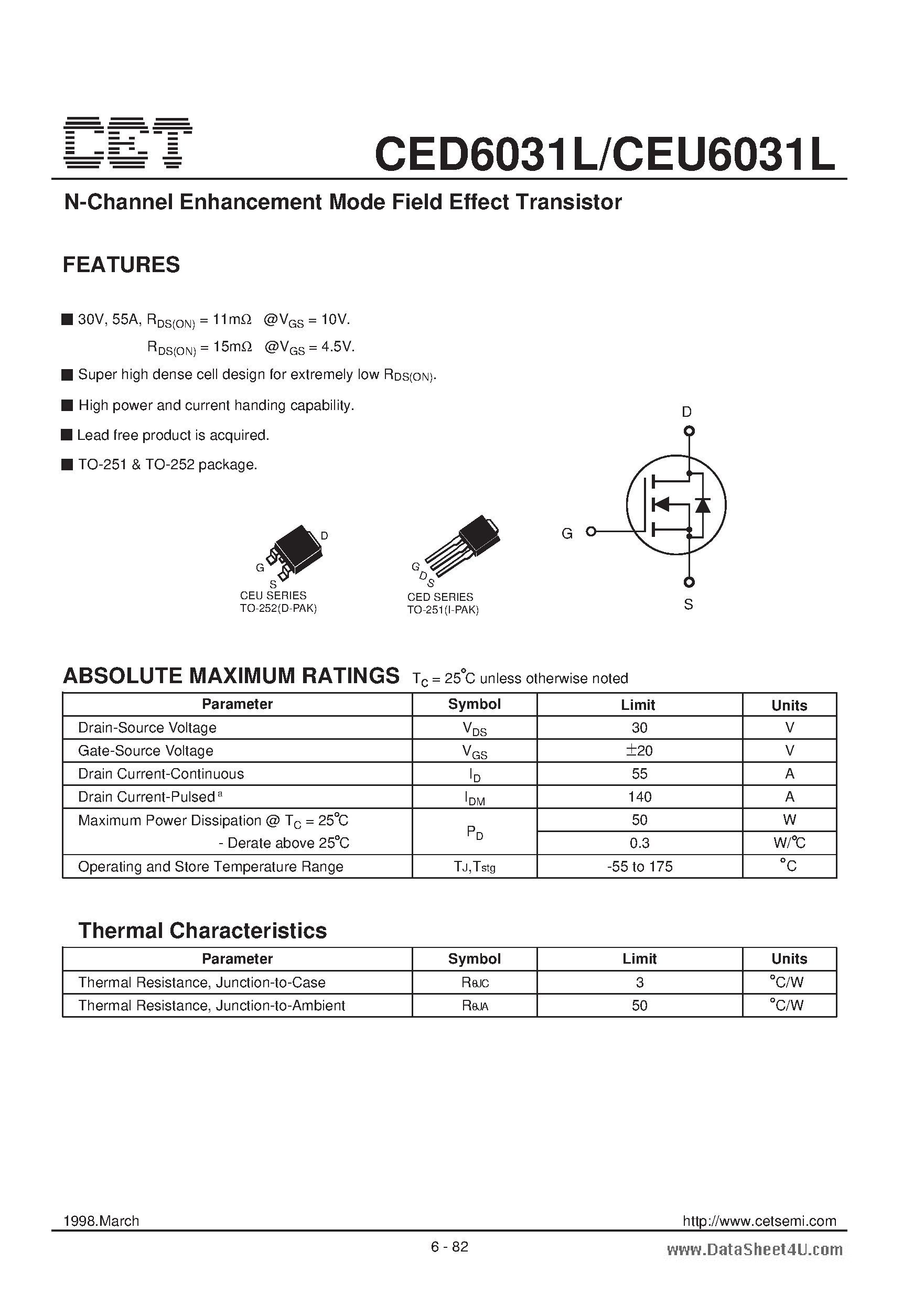 Datasheet CEU6031L - N-Channel Enhancement Mode Field Effect Transistor page 1