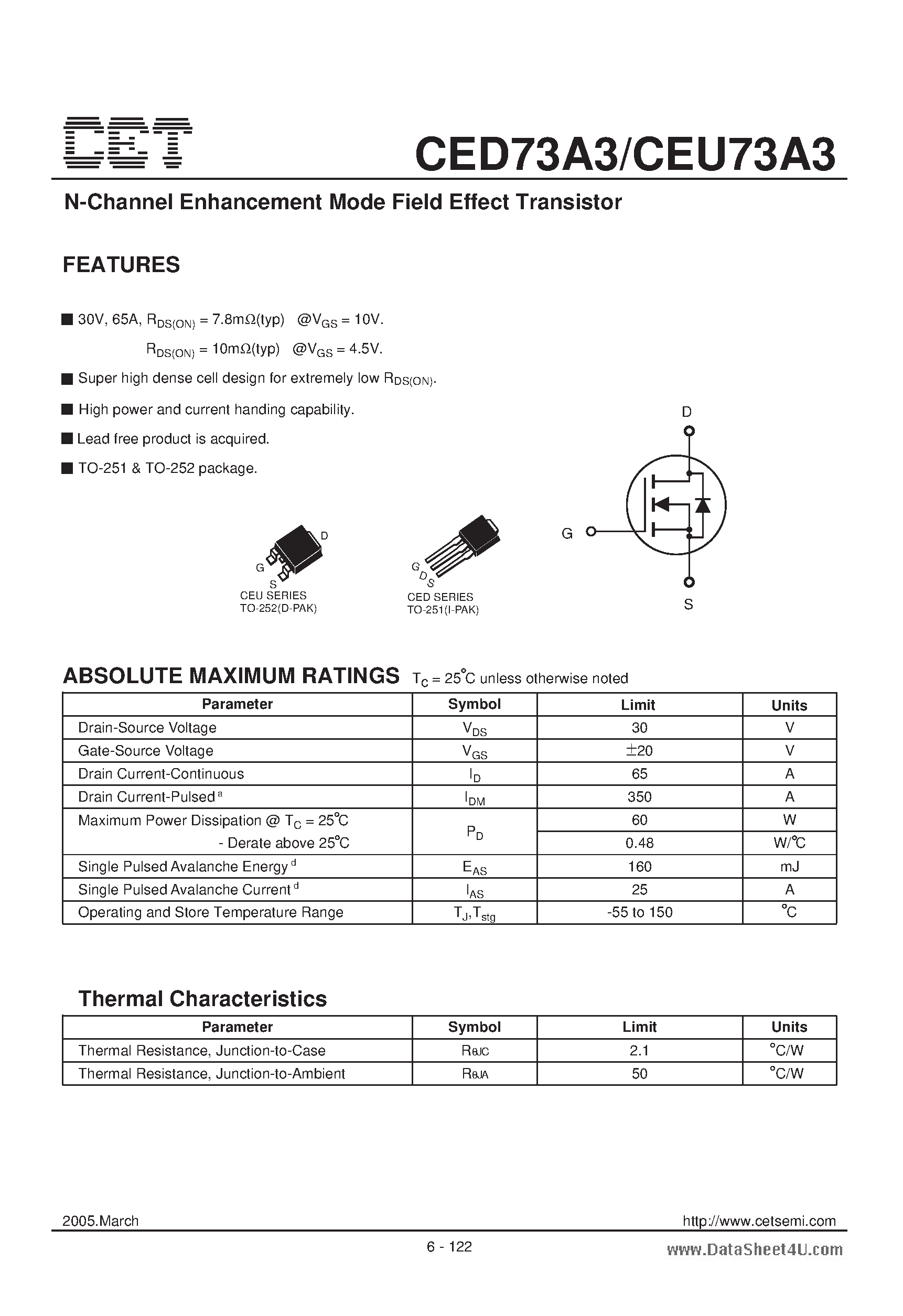 Datasheet CED73A3 - N-Channel Enhancement Mode Field Effect Transistor page 1