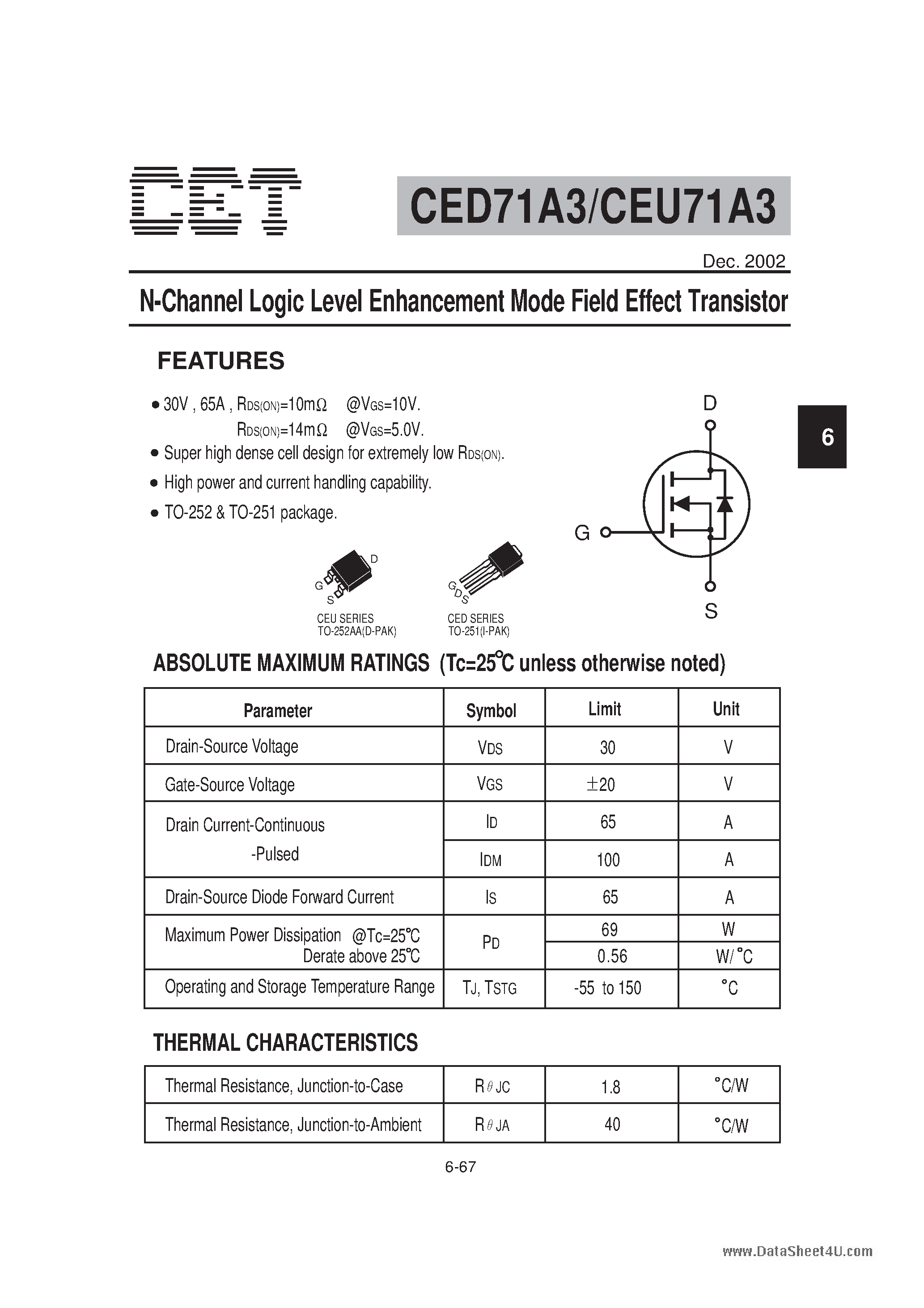 Datasheet CEU71A3 - N-Channel Logic Level Enhancement Mode Field Effect Transistor page 1