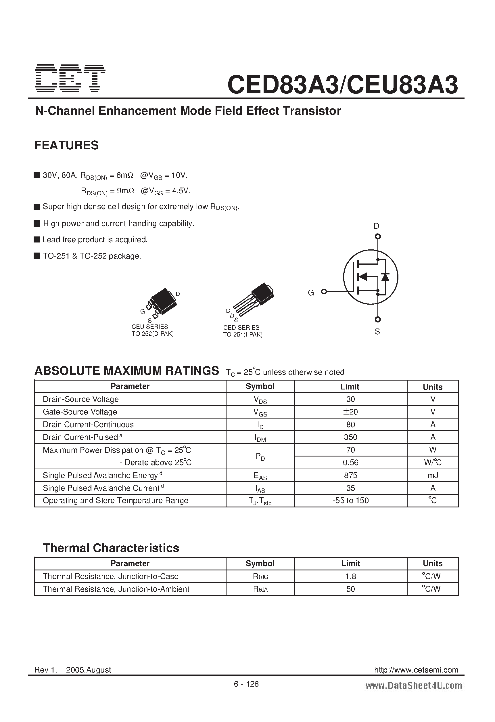 Datasheet CEU83A3 - N-Channel Enhancement Mode Field Effect Transistor page 1