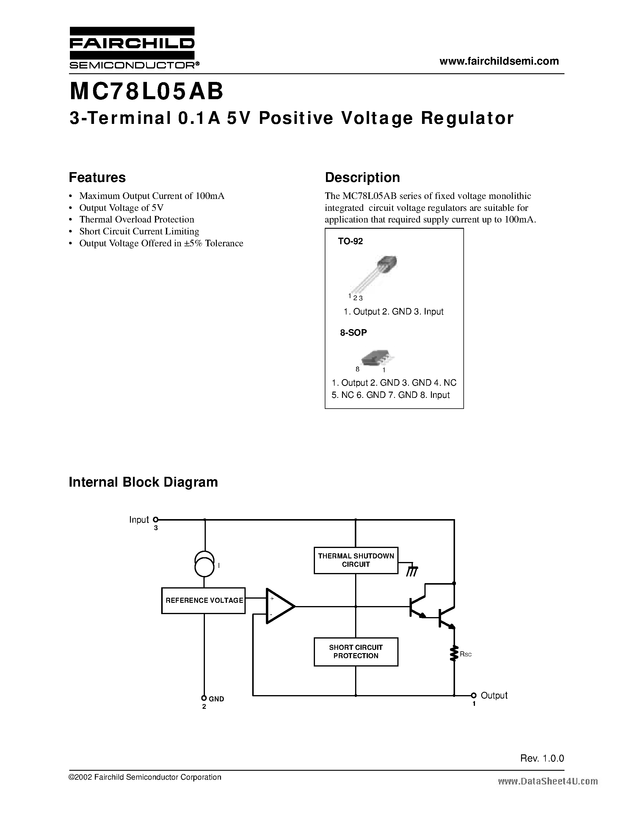 Даташит MC78L05AB - 3-Terminal 0.1A 5V Positive Voltage Regulator страница 1