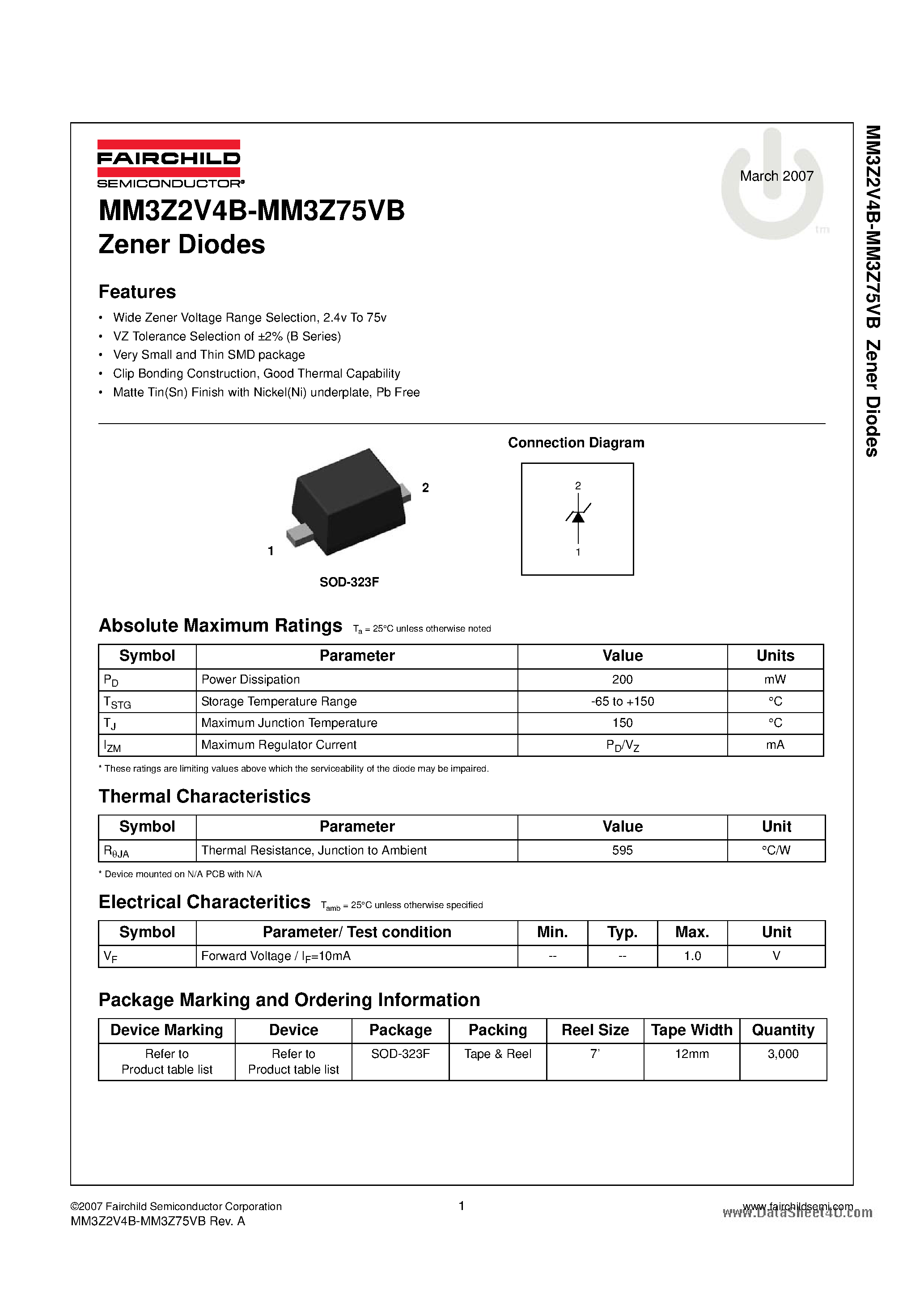 Даташит на микросхему MM3Z2V4B страница 1 Даташит MM3Z2V4B - (MM3ZxxxB) Zener Diodes страница 1