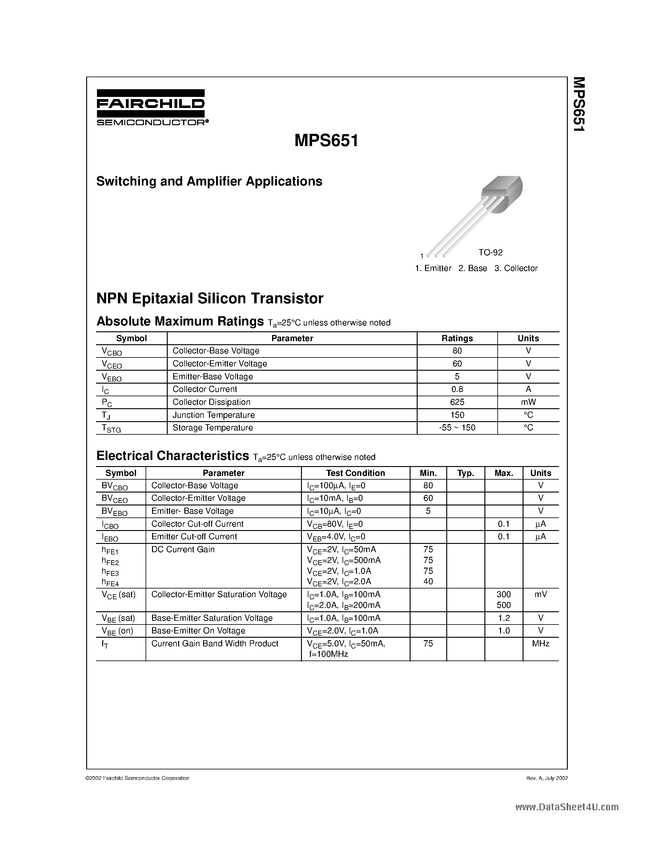 Datasheet MPS651 - Switching and Amplifier Applications page 1