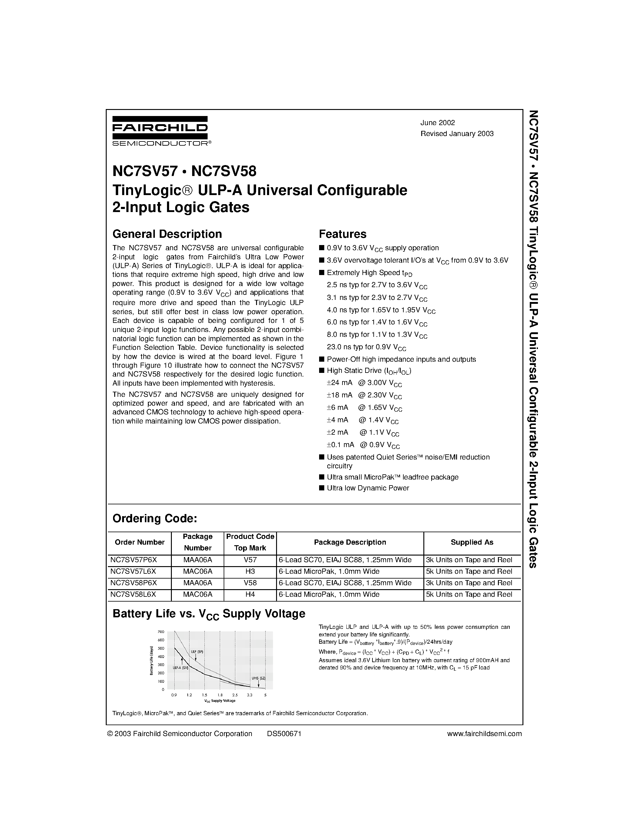 Datasheet NC7SV58 - TinyLogic. ULP-A Universal Configurable 2-Input Logic Gates page 1
