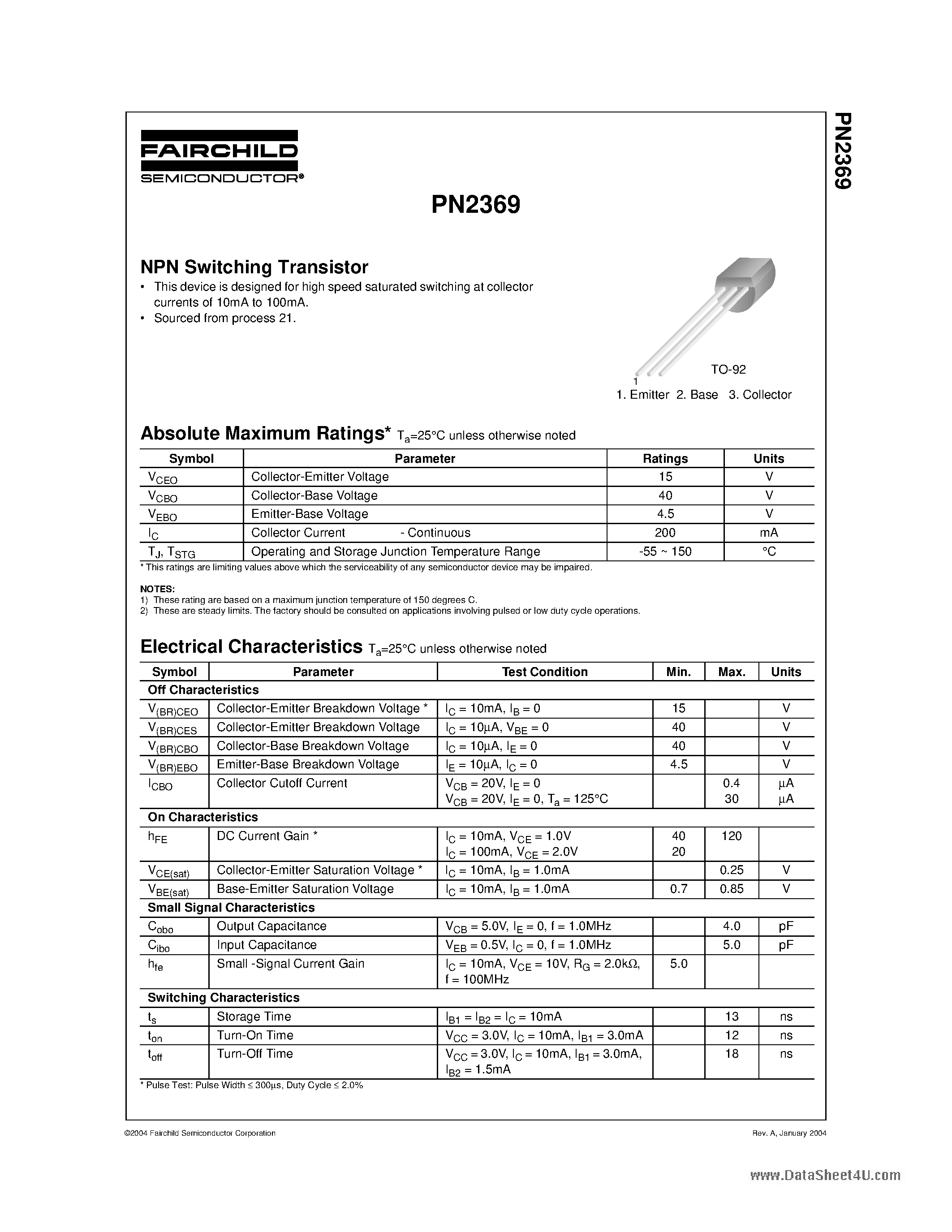 Datasheet PN2369 page 1 Datasheet PN2369 - NPN Switching Transistor page 1