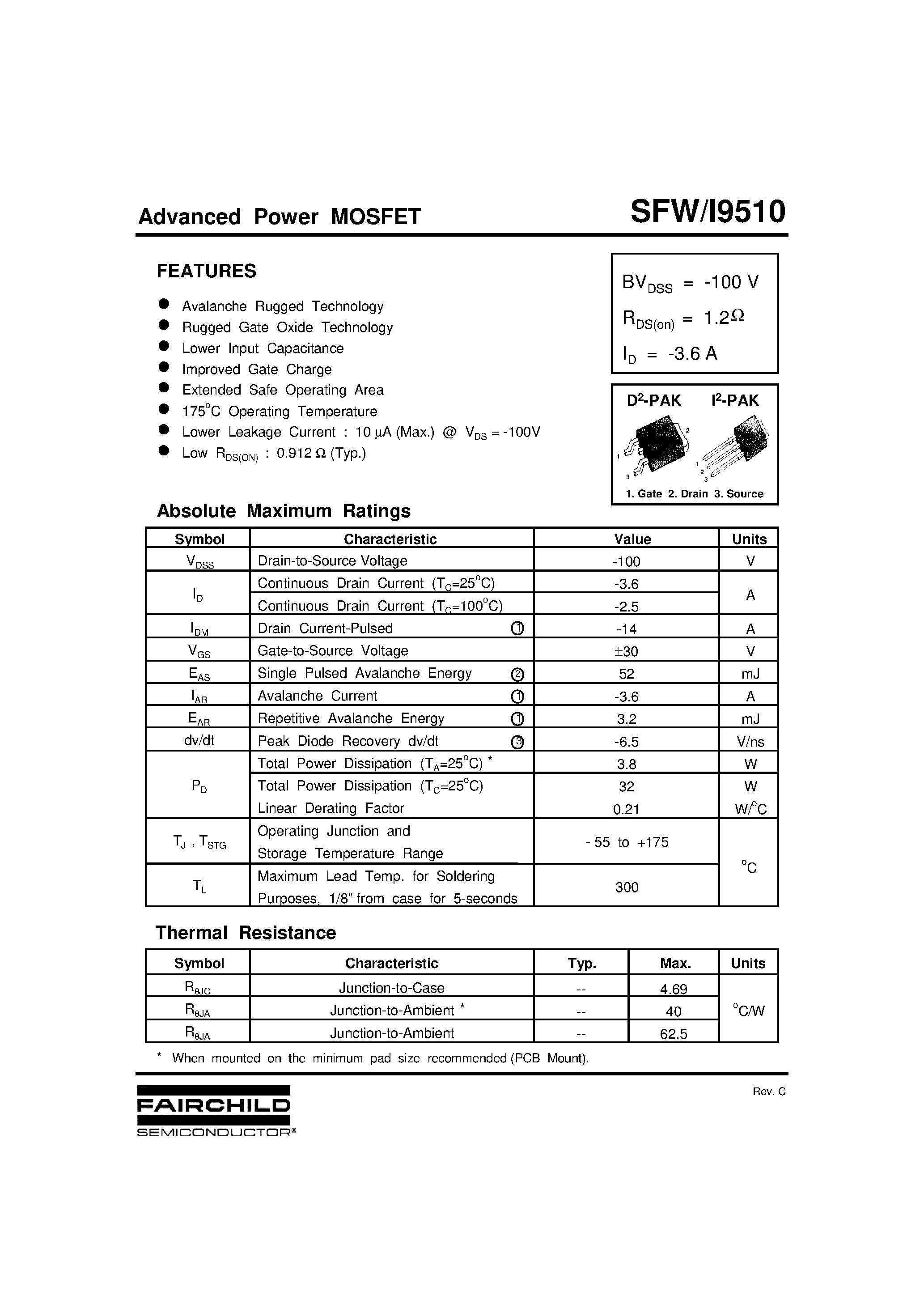 Даташит SFW9510 - Advanced Power MOSFET страница 1