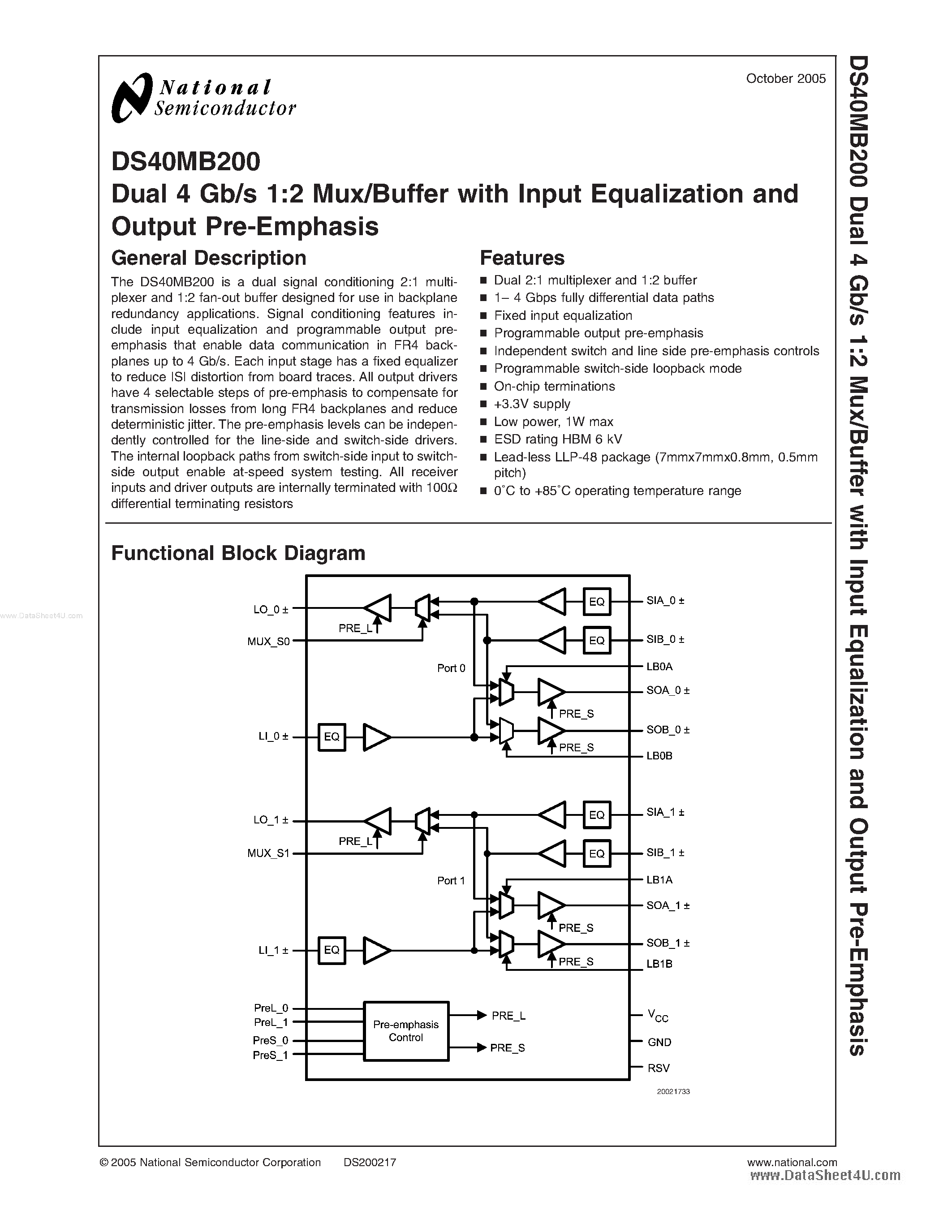 Datasheet DS40MB200 - Dual 4 Gb/s 1:2 Mux/Buffer page 1