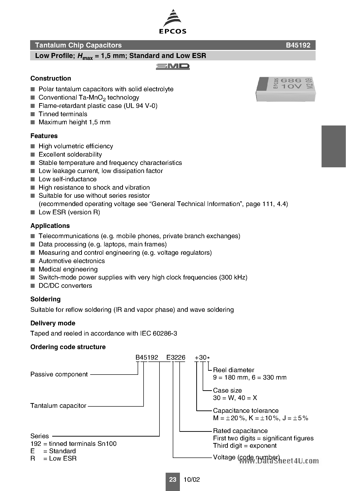 Datasheet B45192 - Tantalum Chip Capacitors page 1