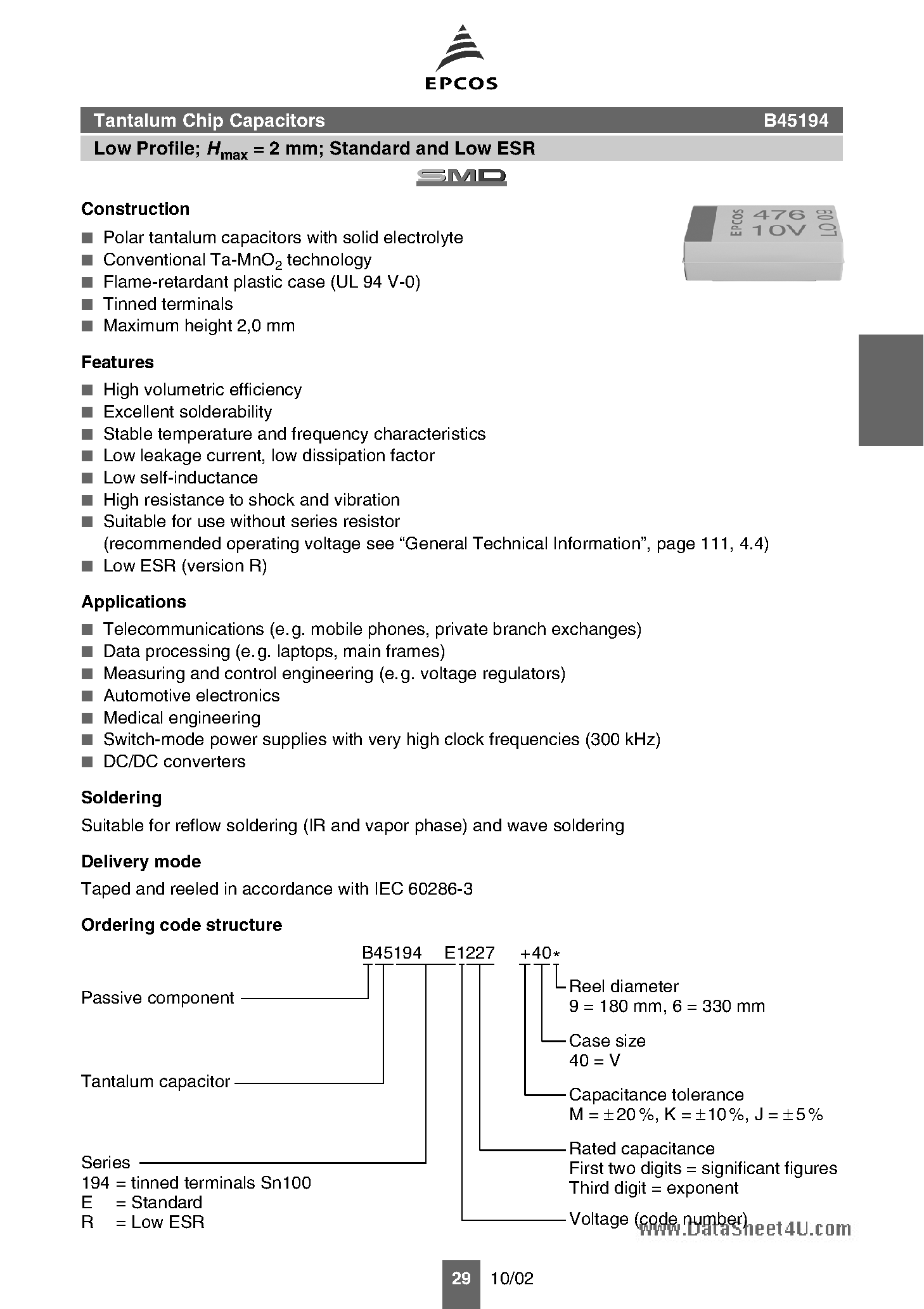 Datasheet B45194 - Tantalum Chip Capacitors page 1