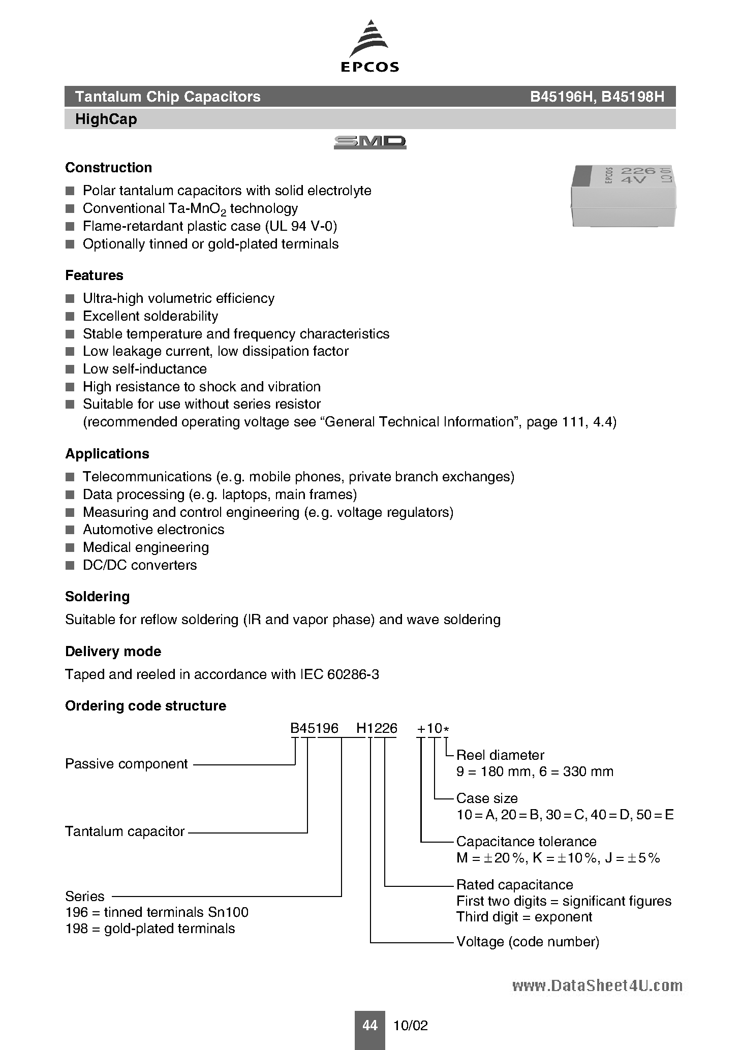 Datasheet B45196H - (B45196H / B45198H) Tantalum Chip Capacitors HighCap page 1