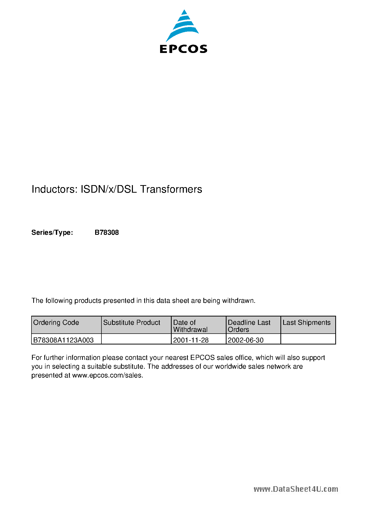 Даташит B78308 - ISDN/x/DSL Transformers страница 1