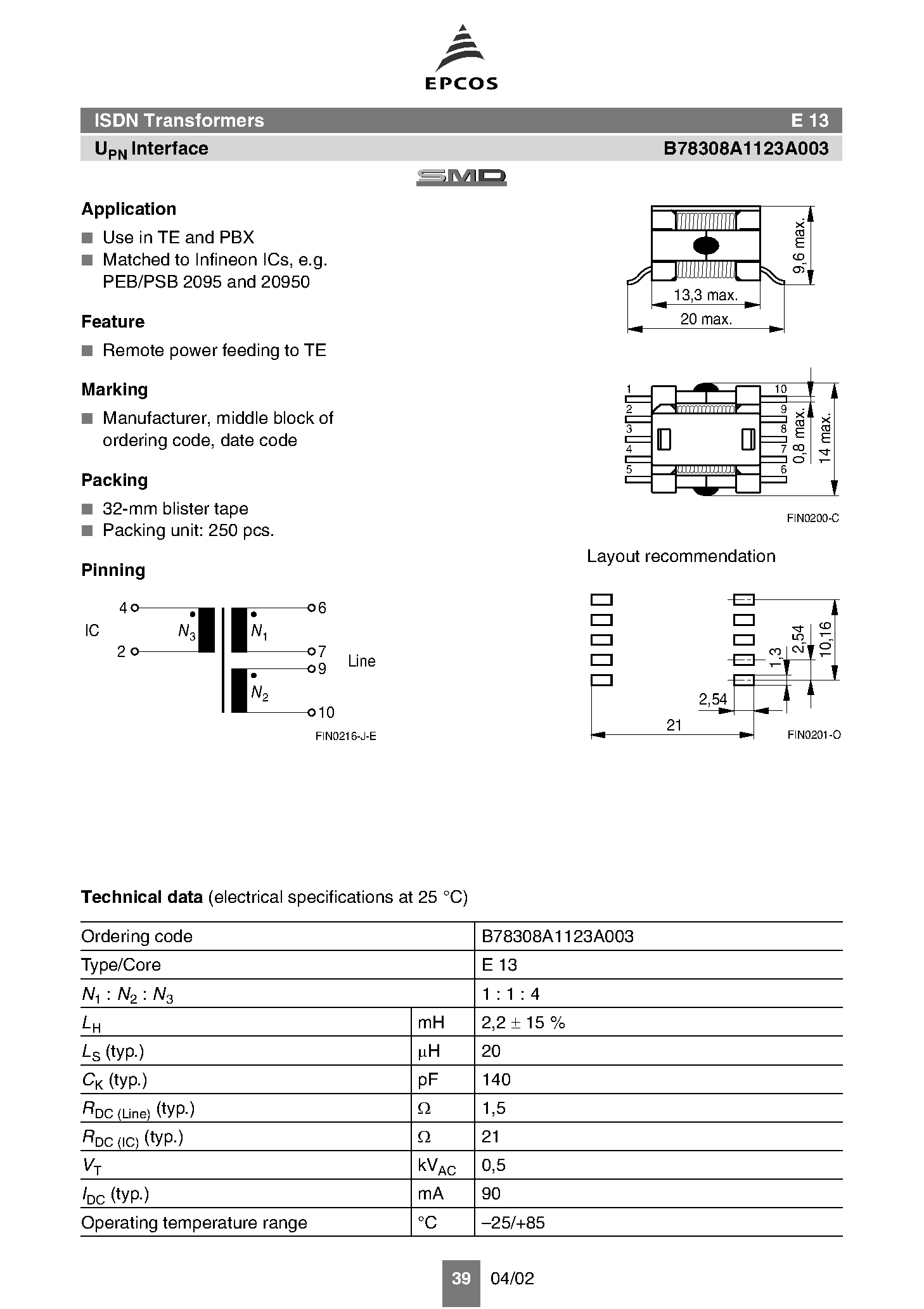 Даташит B78308 - ISDN/x/DSL Transformers страница 2