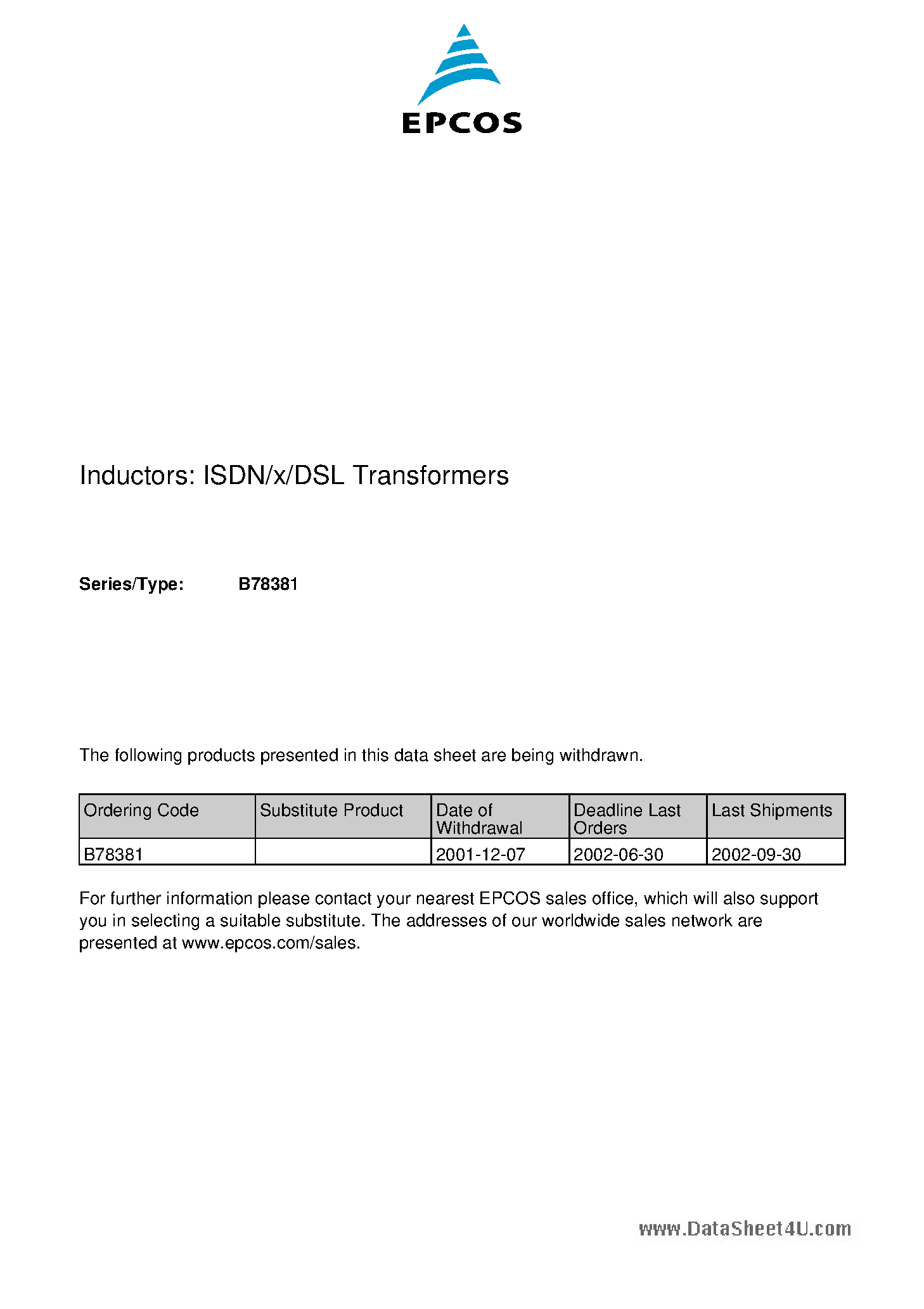 Даташит B78381 - ISDN/x/DSL Transformers страница 1