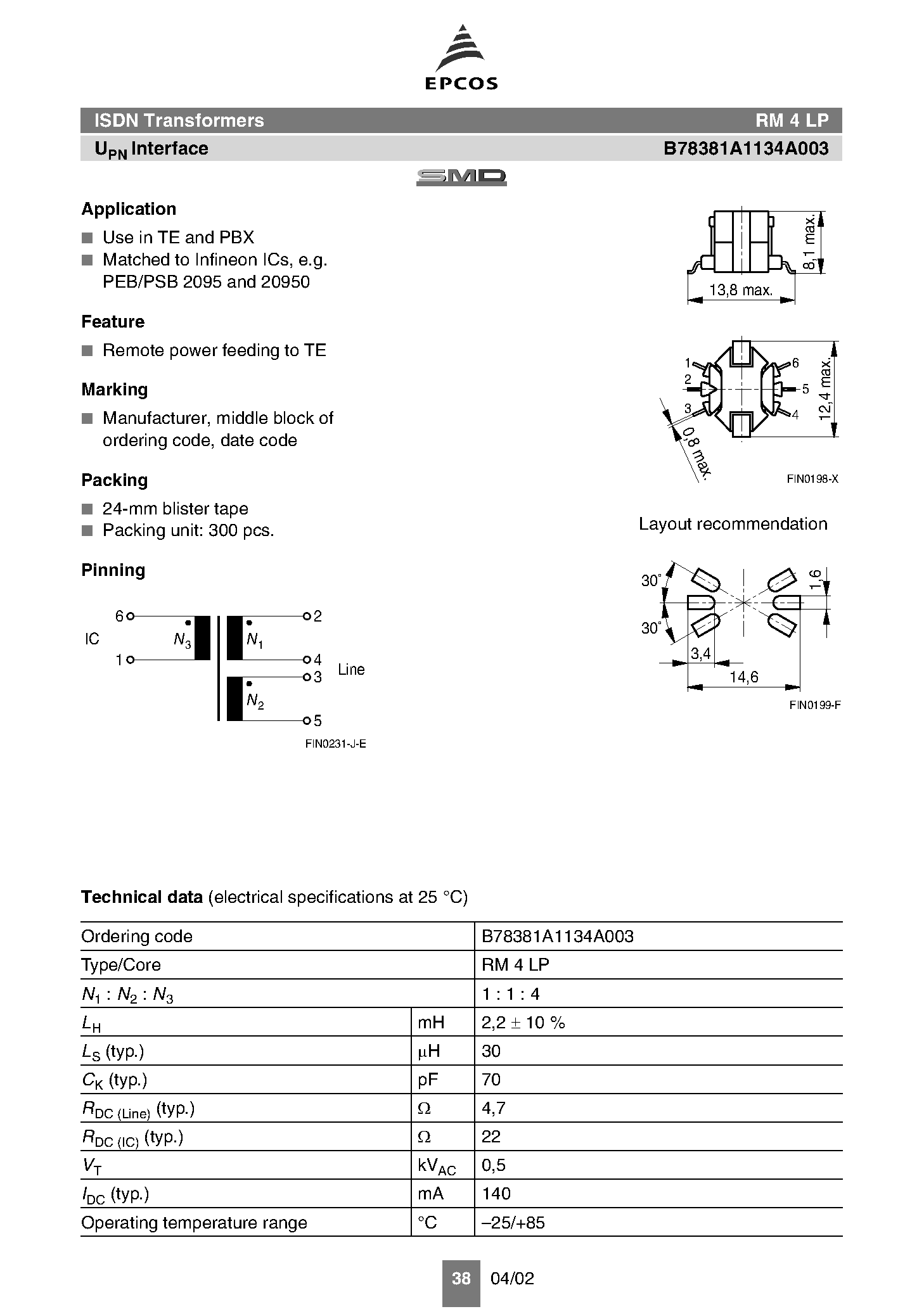Даташит B78381 - ISDN/x/DSL Transformers страница 2