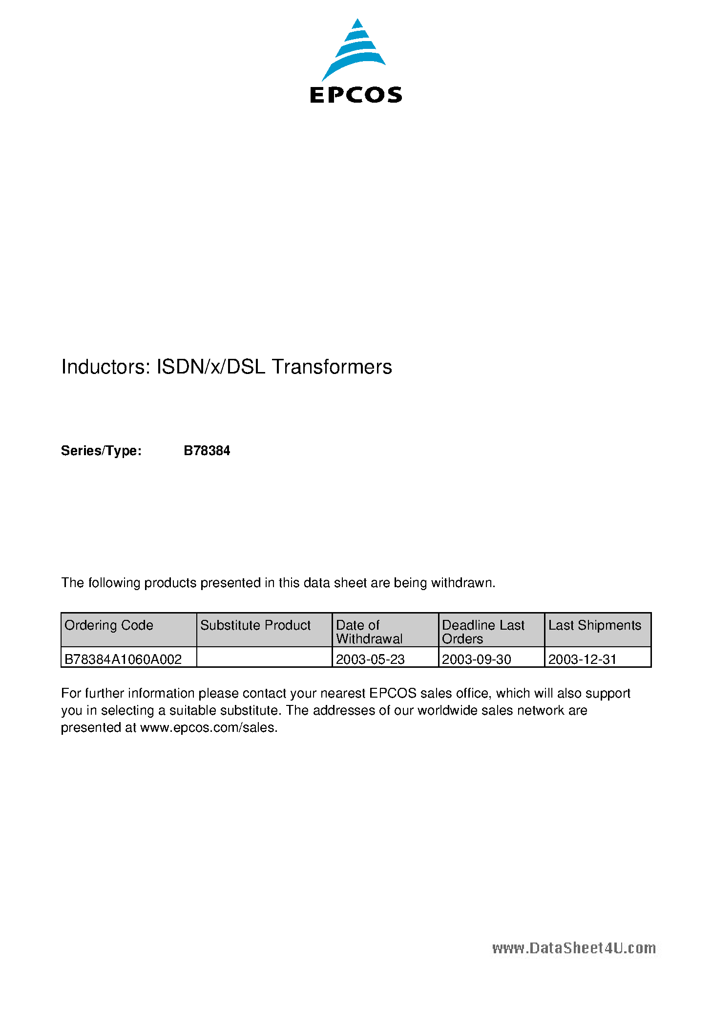 Даташит B78384 - ISDN/x/DSL Transformers страница 1