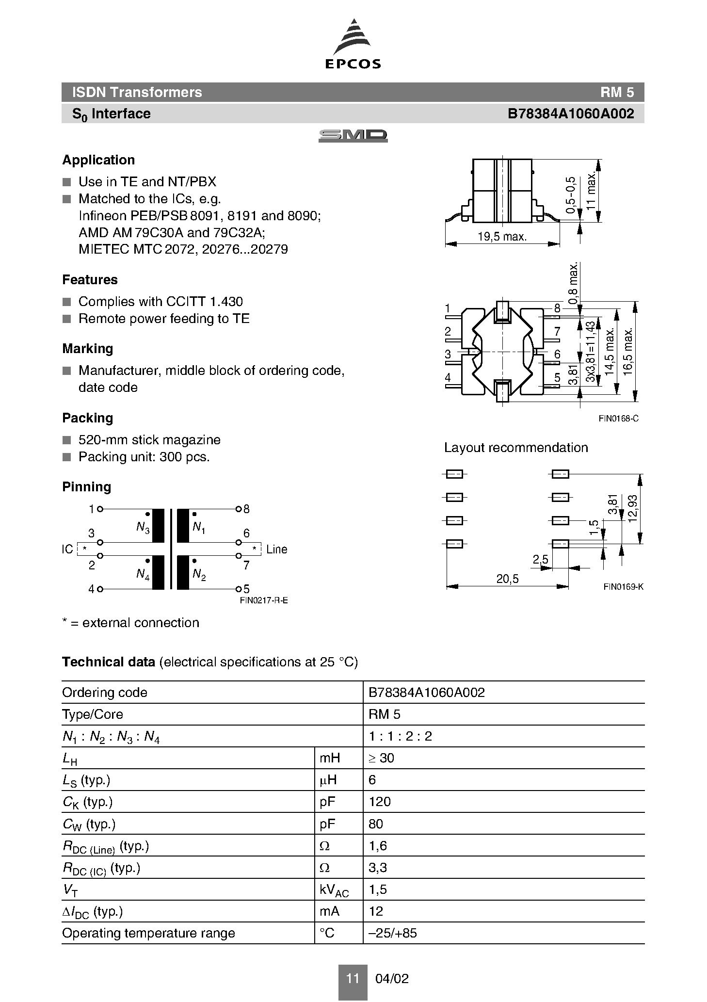 Даташит B78384 - ISDN/x/DSL Transformers страница 2