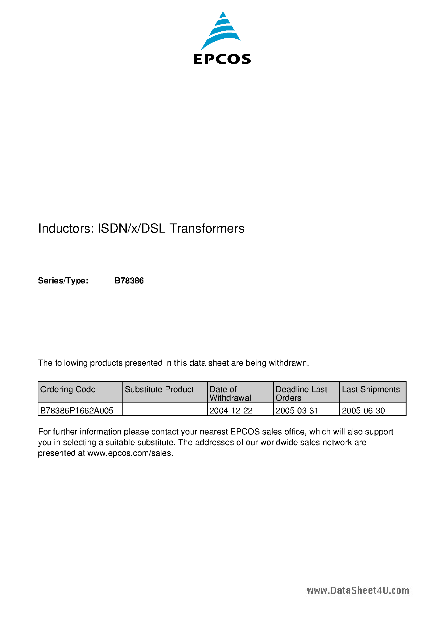Даташит B78386 - ISDN/x/DSL Transformers страница 1