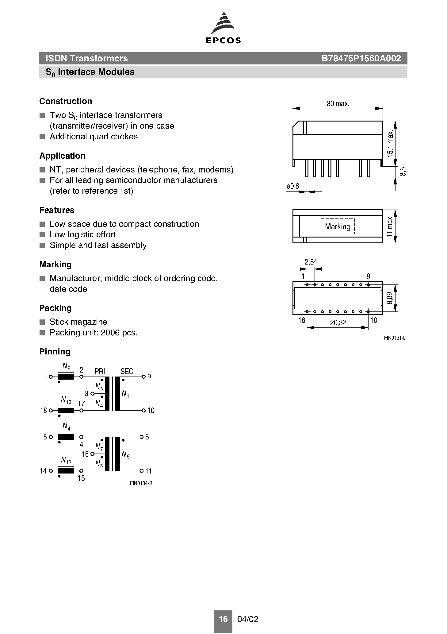 Даташит B78475 - ISDN/x/DSL Transformers страница 2